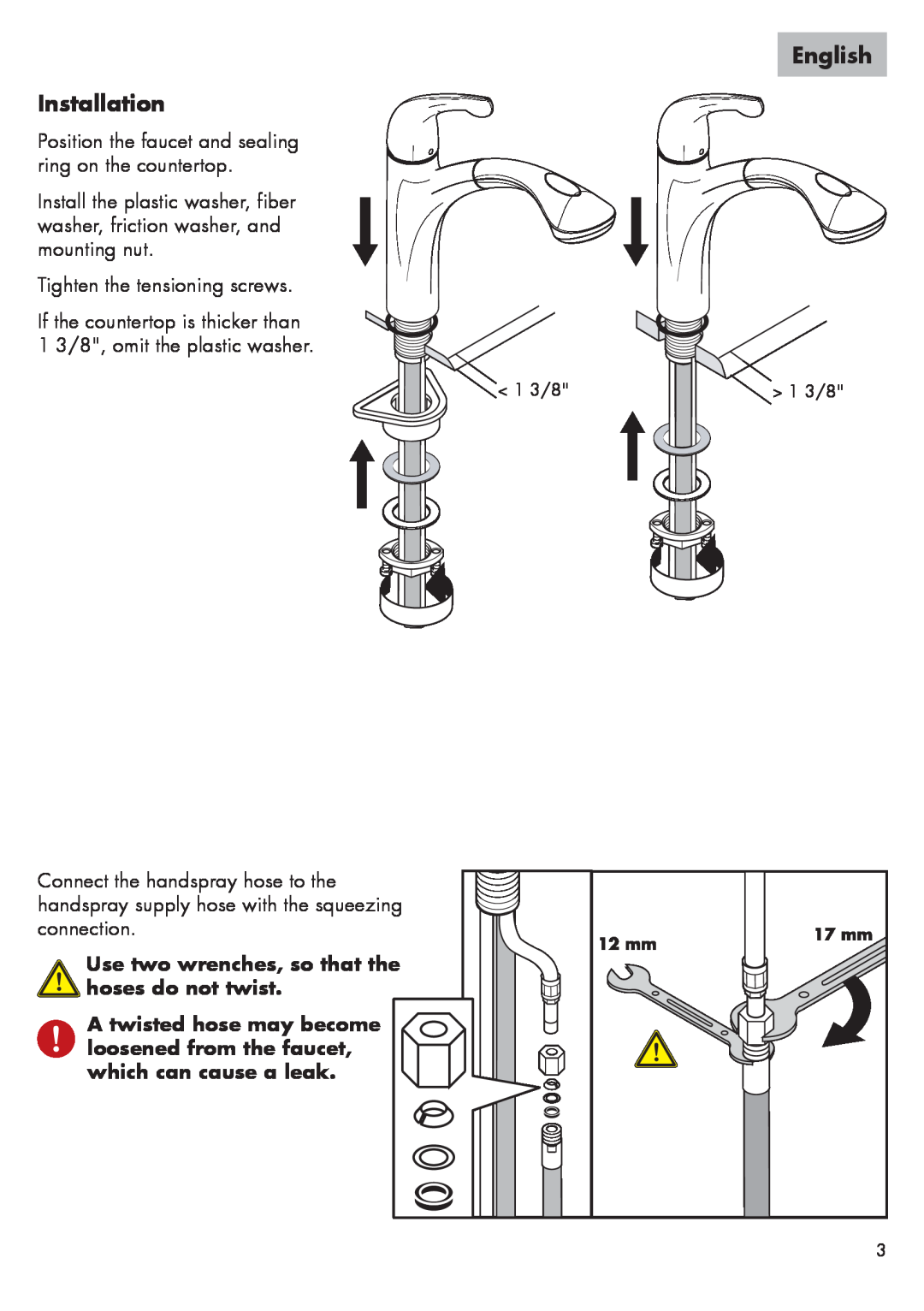 Axor 04076XX0 installation instructions Installation, Use two wrenches, so that the hoses do not twist, English 