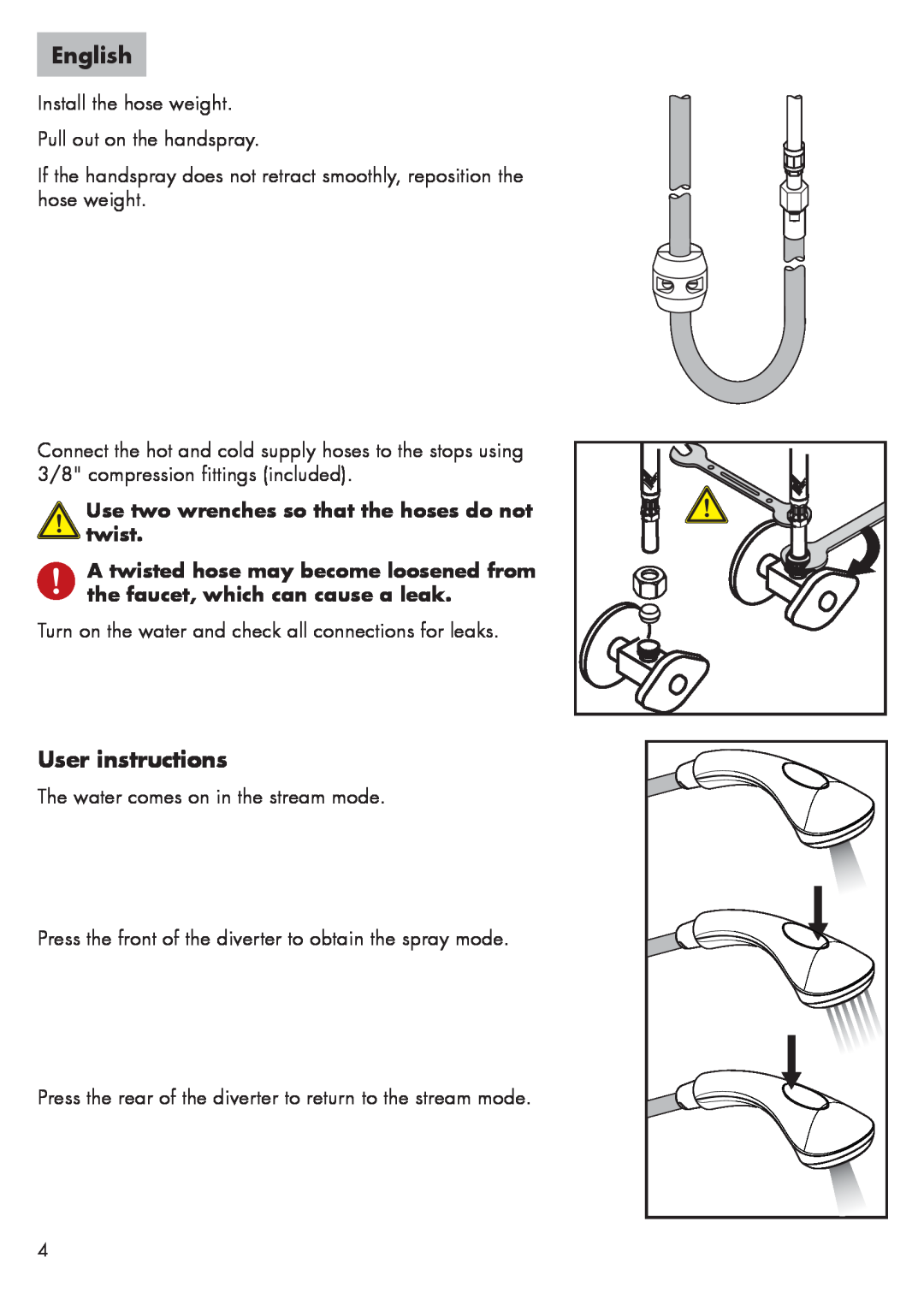 Axor 04076XX0 installation instructions User instructions, Use two wrenches so that the hoses do not twist, English 