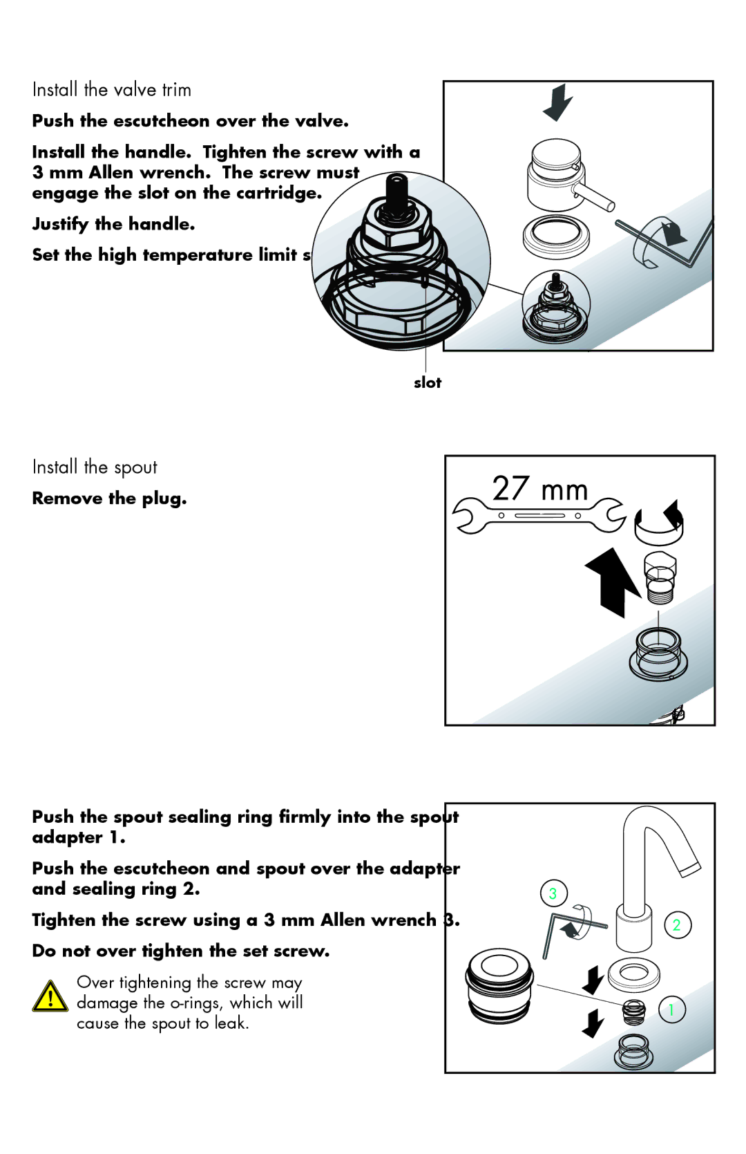 Axor 04126XX0, 04139XX0, 04140XX0, 04128XX0, 04131XX0, 04127XX0, 04136XX0, 04135XX0 Install the valve trim, Install the spout 