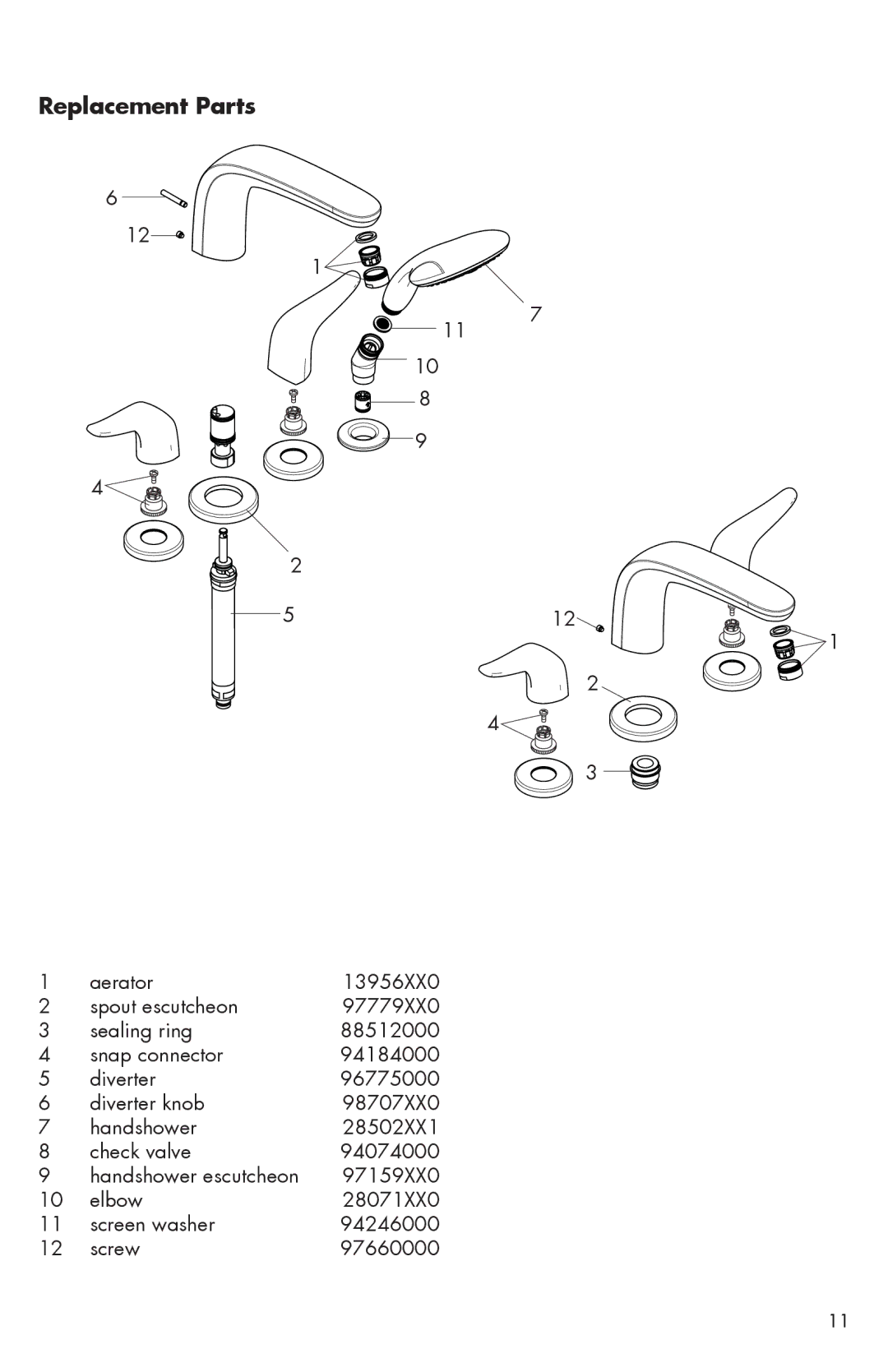 Axor 04170XX0 installation instructions Replacement Parts 