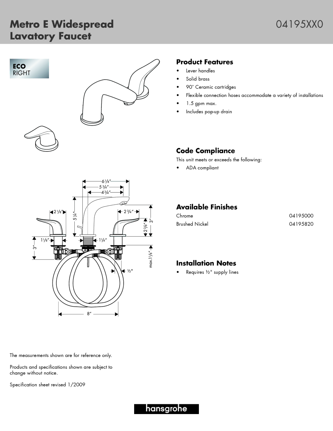 Axor 04195820, 04195XX0, 04195000 specifications Metro E Widespread, Lavatory Faucet 