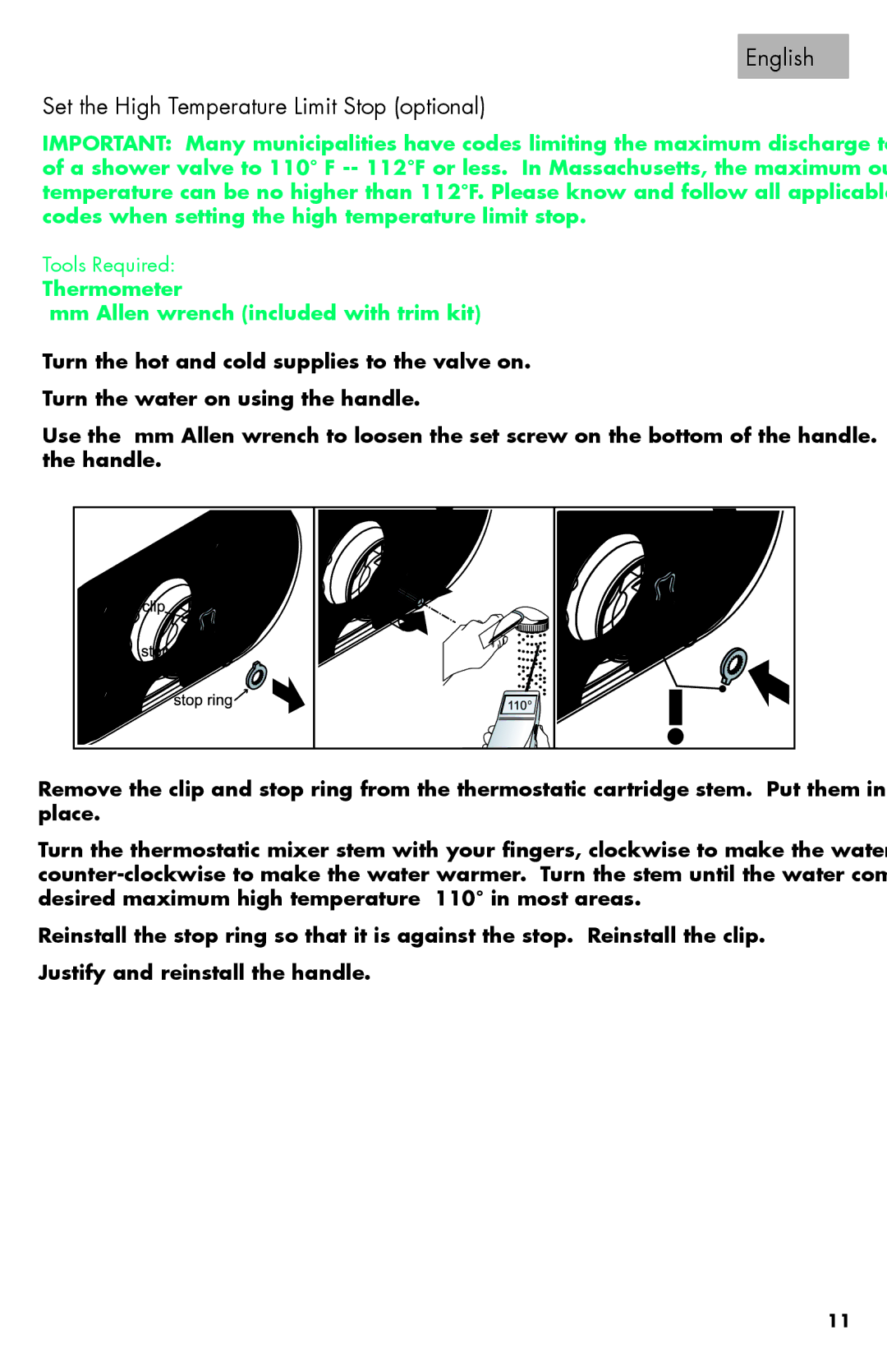 Axor 06064XX0 installation instructions English Set the High Temperature Limit Stop optional, Tools Required 