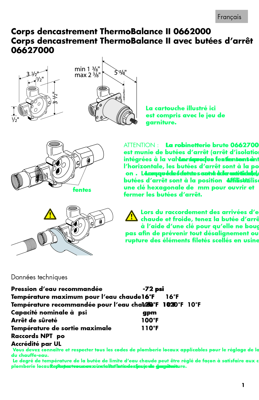 Axor 06064XX0 installation instructions Français, Données techniques 