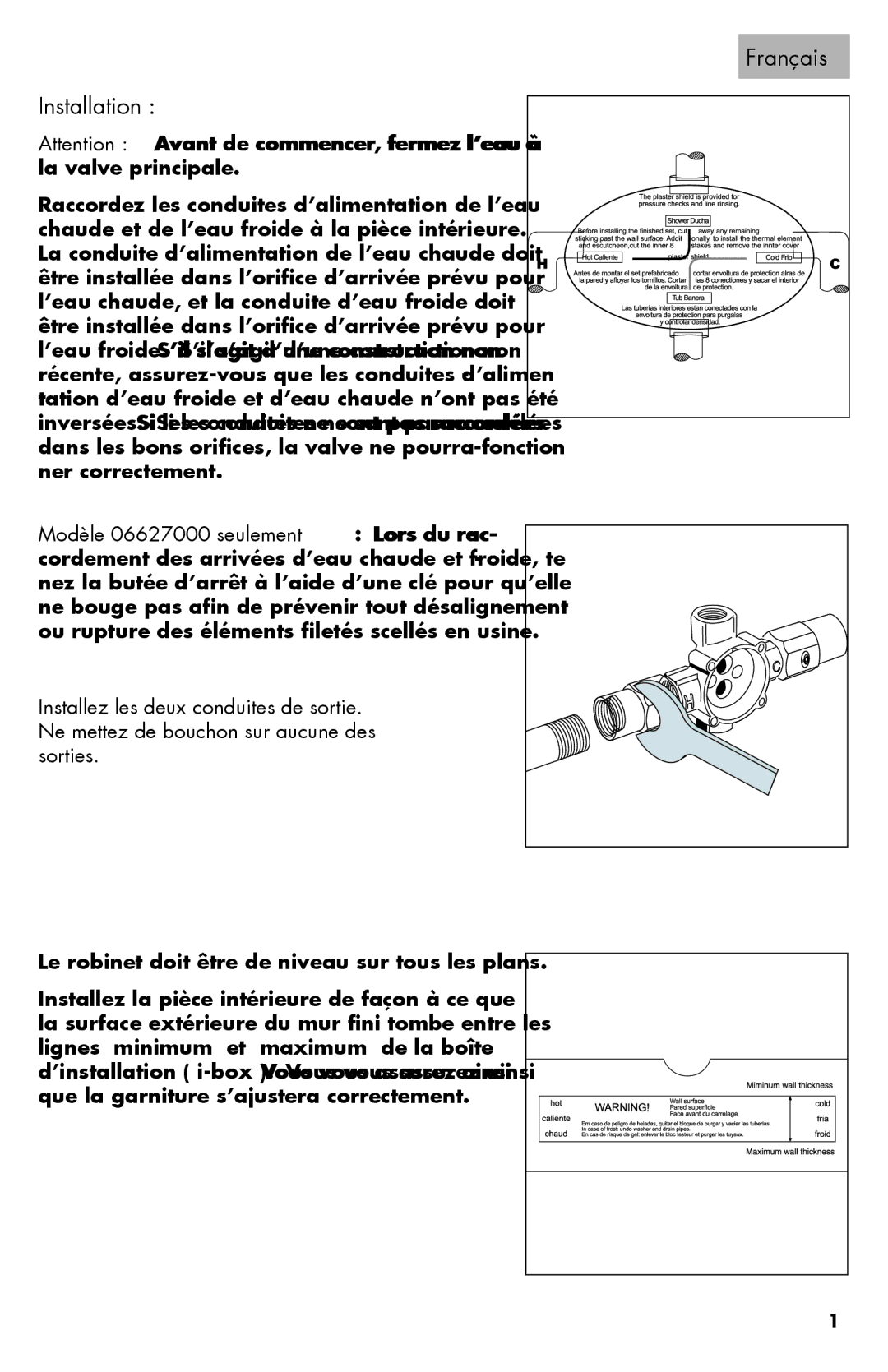 Axor 06064XX0 installation instructions Installation, Le robinet doit être de niveau sur tous les plans 