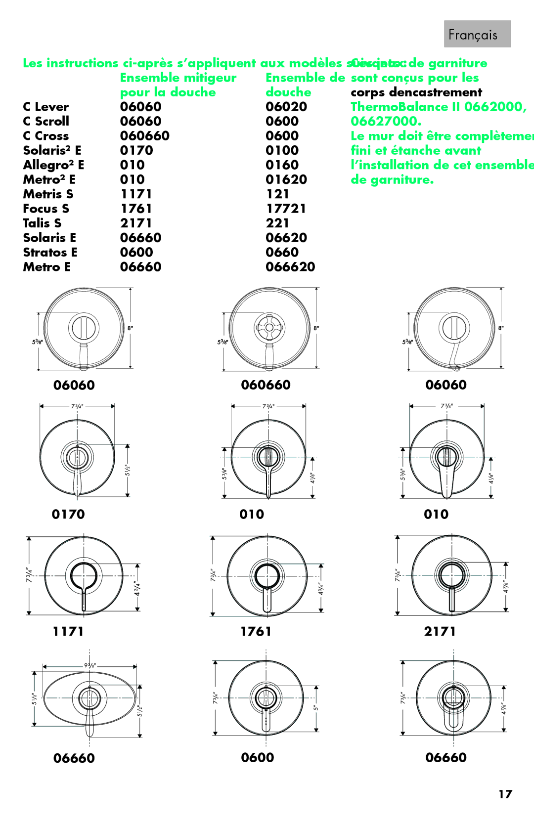 Axor 06064XX0 installation instructions Ces jeux de garniture, Scroll 06065XX0 06083XX0 06627000 Cross 06066XX0 06084XX0 