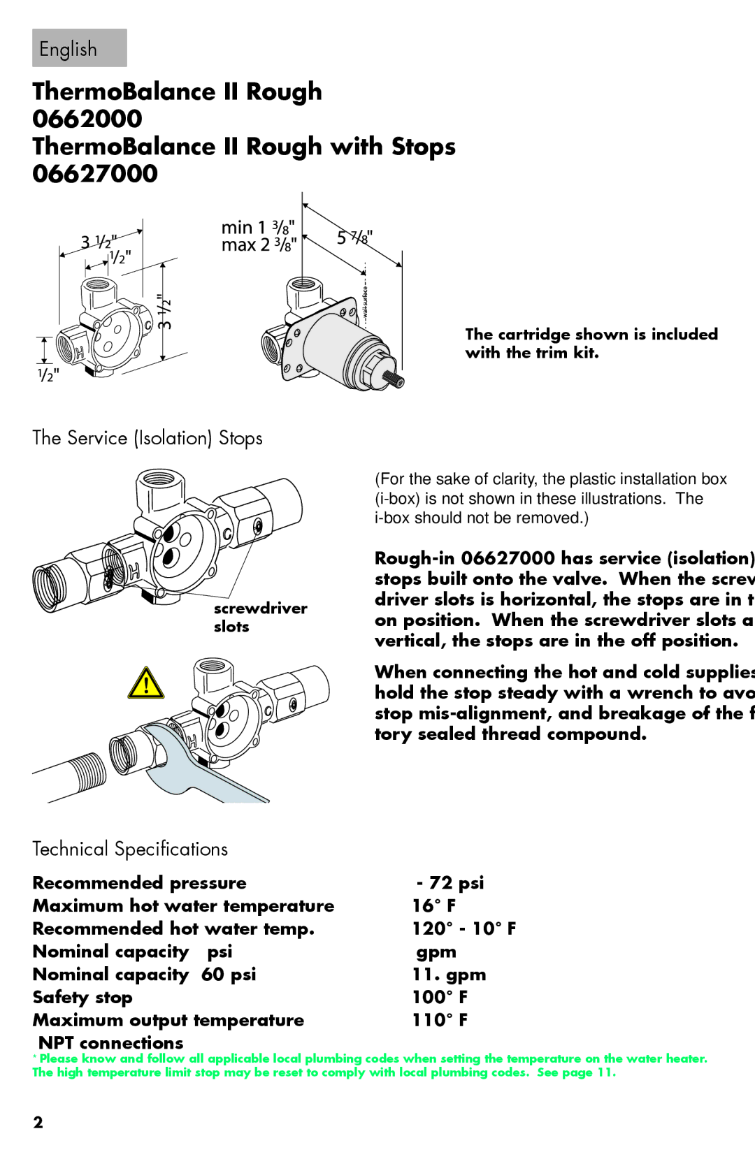 Axor 06064XX0 installation instructions English, Service Isolation Stops, Technical Specifications 