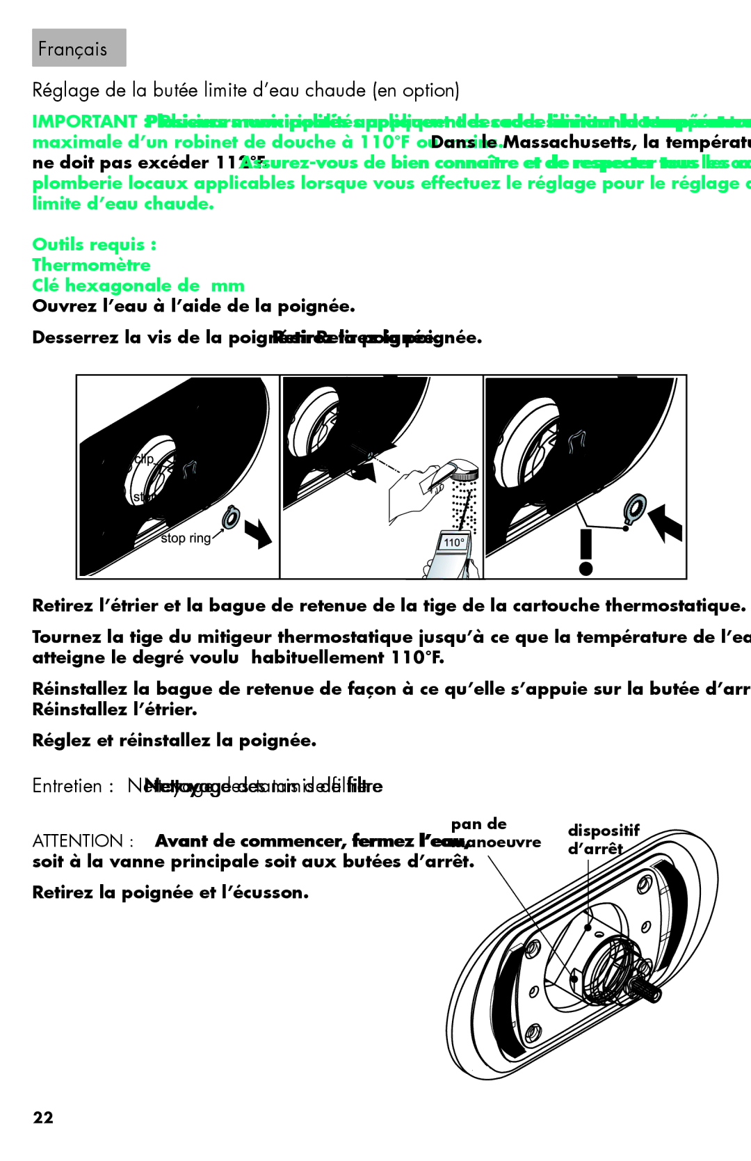 Axor 06064XX0 Français Réglage de la butée limite d’eau chaude en option, Entretien Nettoyage des tamis de filtre 