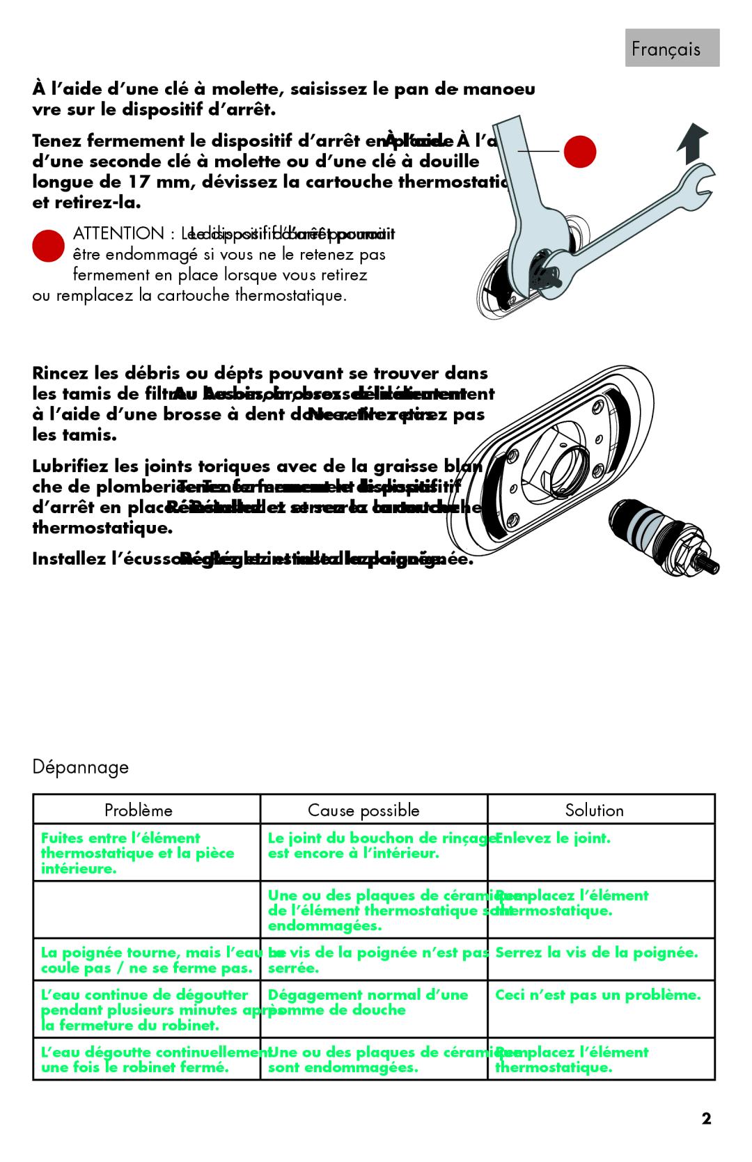 Axor 06064XX0 Dépannage, Ou remplacez la cartouche thermostatique, Problème Cause possible Solution 