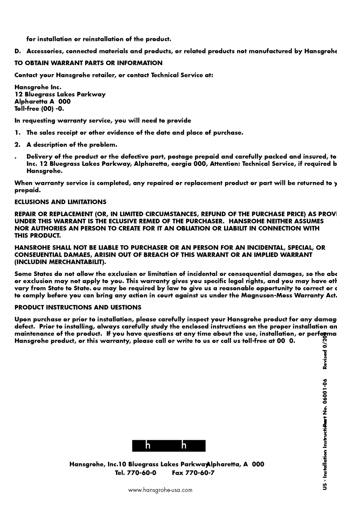 Axor 06064XX0 installation instructions To Obtain Warranty Parts or Information 