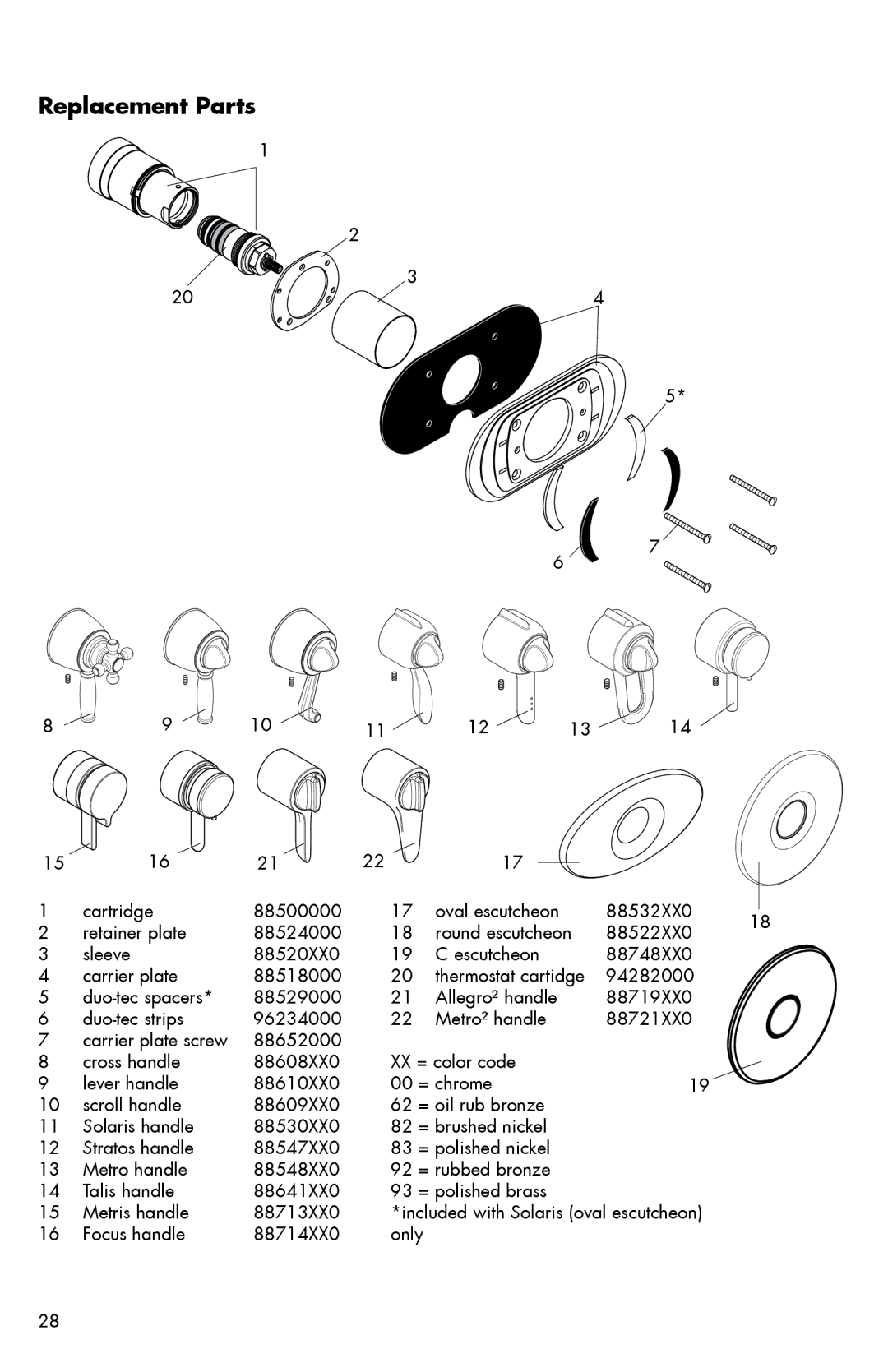 Axor 0607XX0 installation instructions Replacement Parts 