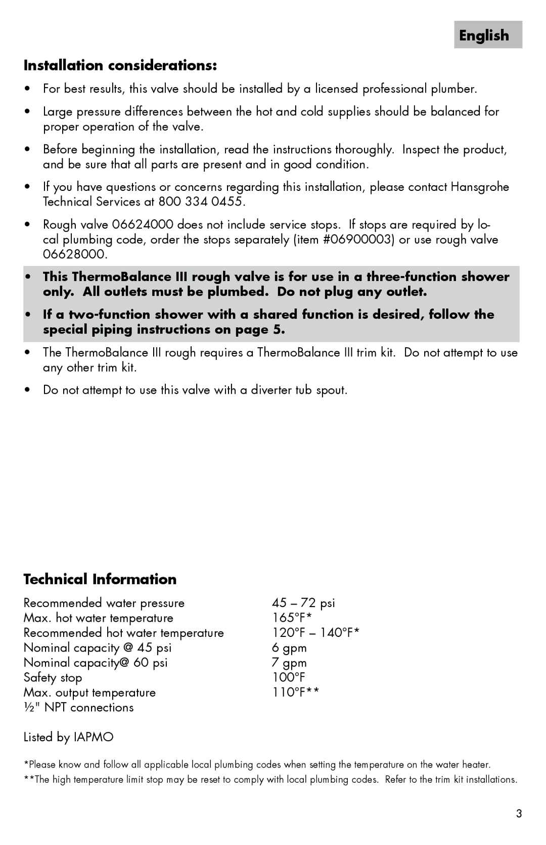 Axor 0607XX0 installation instructions English Installation considerations, Technical Information 