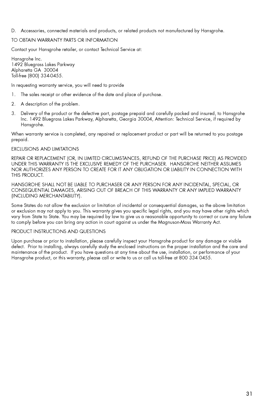 Axor 0607XX0 installation instructions To Obtain Warranty Parts or Information 