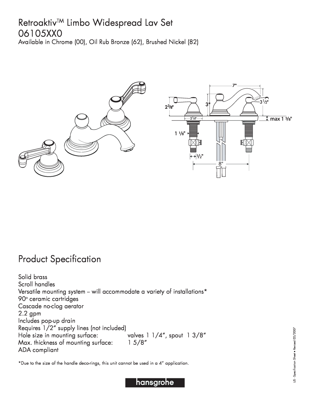 Axor 06105XX0 specifications RetroaktivTM Limbo Widespread Lav Set, Product Specification 
