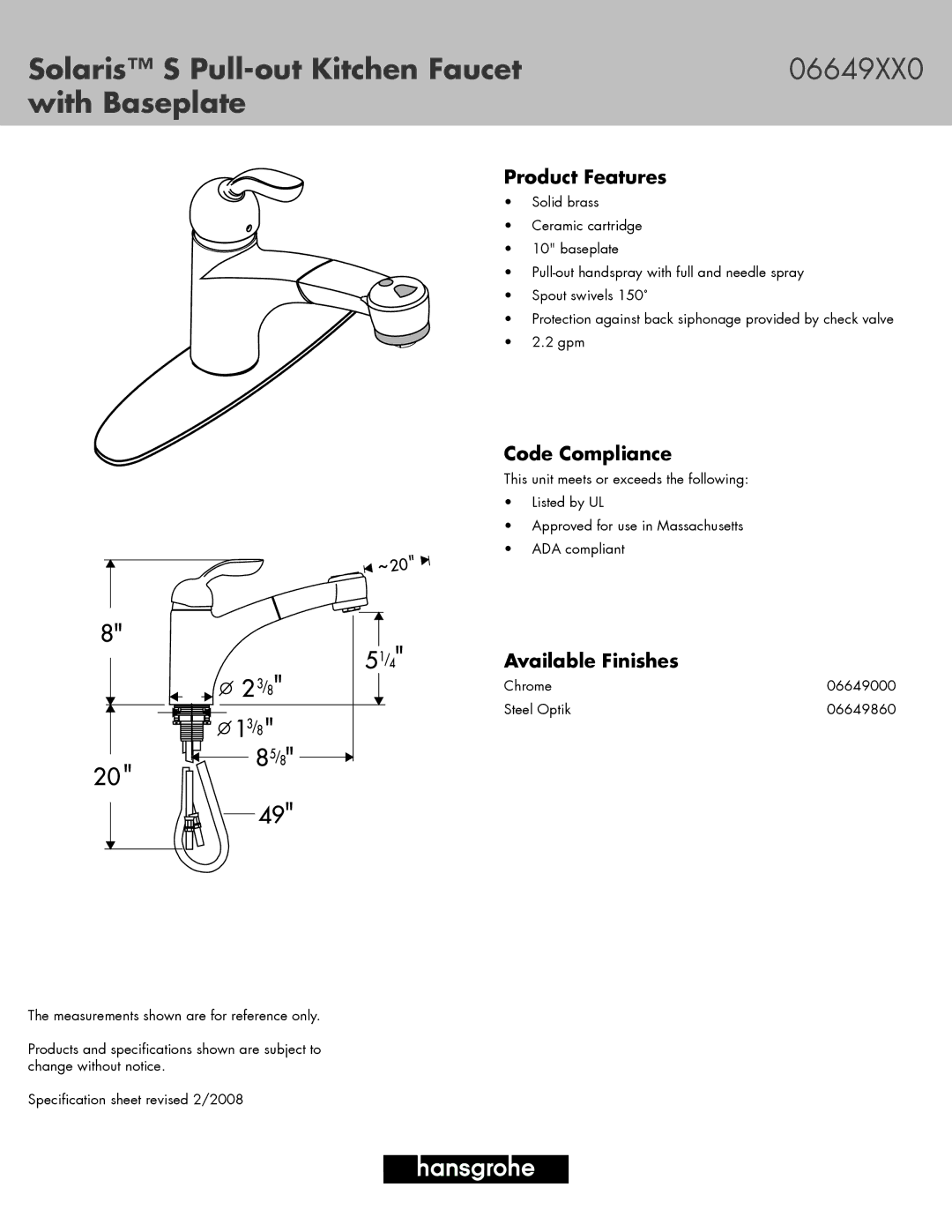 Axor specifications Solaris S Pull-out Kitchen Faucet 06649XX0 With Baseplate, Product Features, Code Compliance 