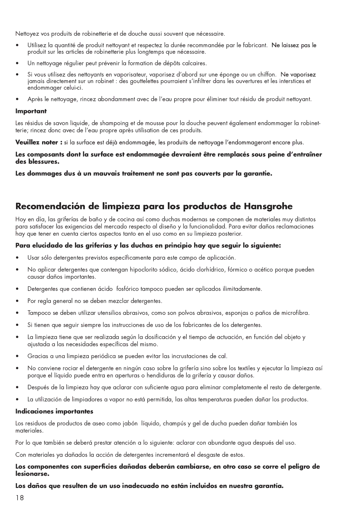 Axor 06697XX0, 06698XX0, 06675XX0 Recomendación de limpieza para los productos de Hansgrohe, Indicaciones importantes 