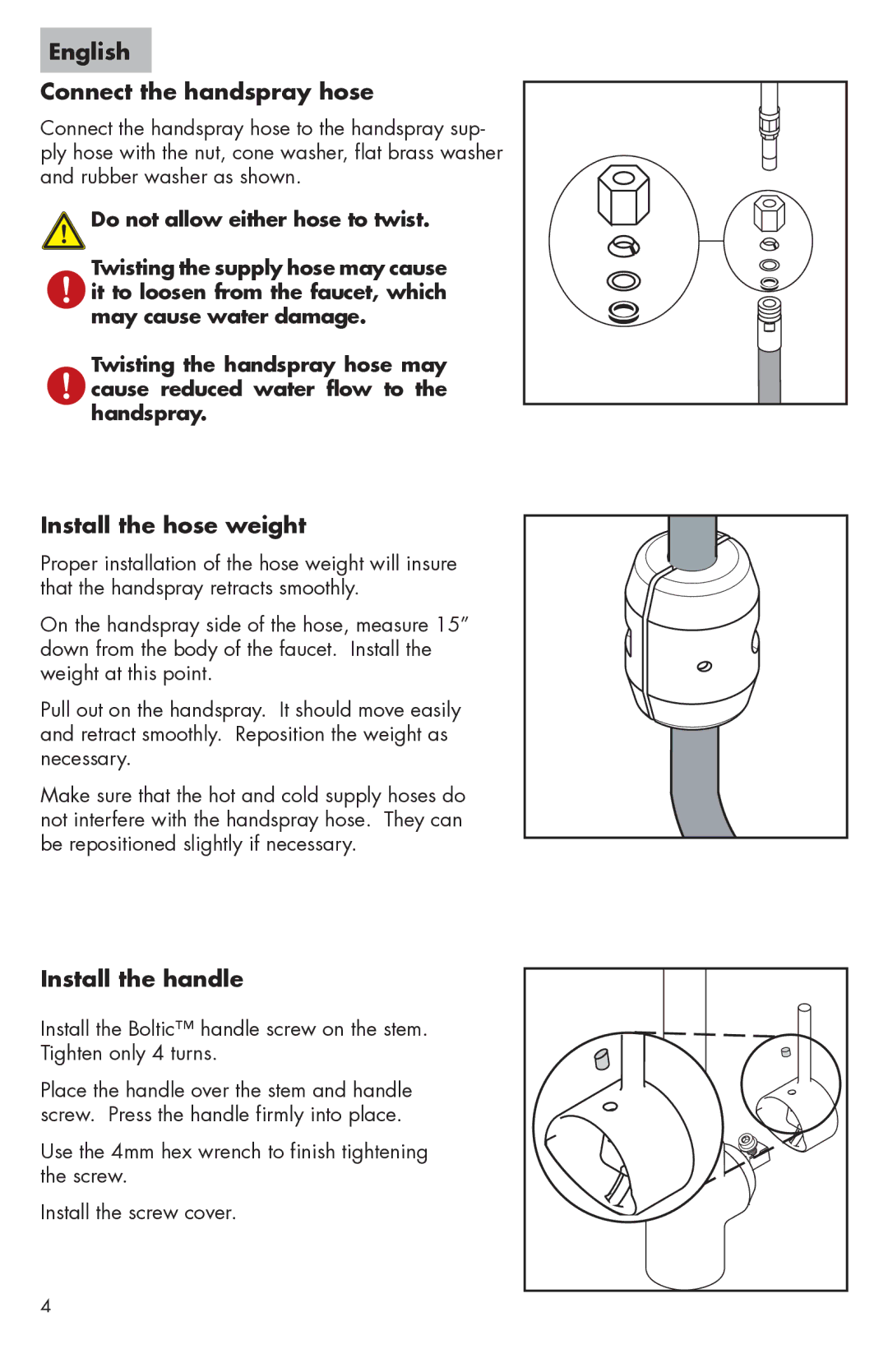 Axor 06801XX0, 06697XX0, 06698XX0, 06675XX0 English Connect the handspray hose, Install the hose weight, Install the handle 