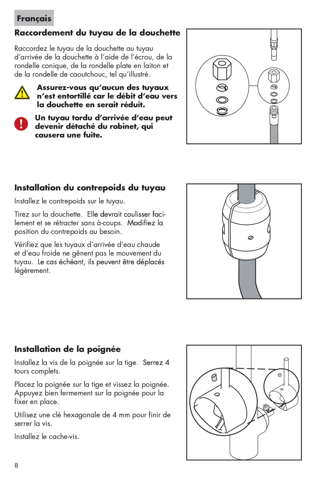 Axor 0618XX0, 06697XX0, 06698XX0 Français Raccordement du tuyau de la douchette, Installation du contrepoids du tuyau 