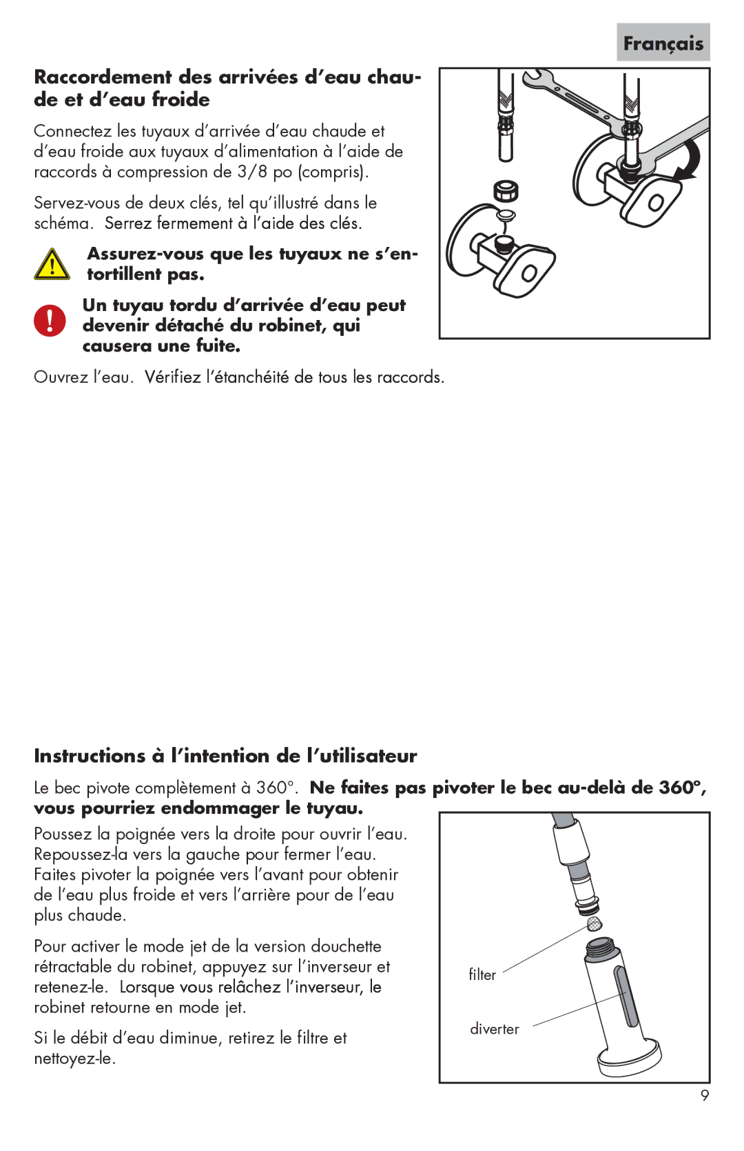 Axor 06697XX0 Raccordement des arrivées d’eau chau- de et d’eau froide, Instructions à l’intention de l’utilisateur 