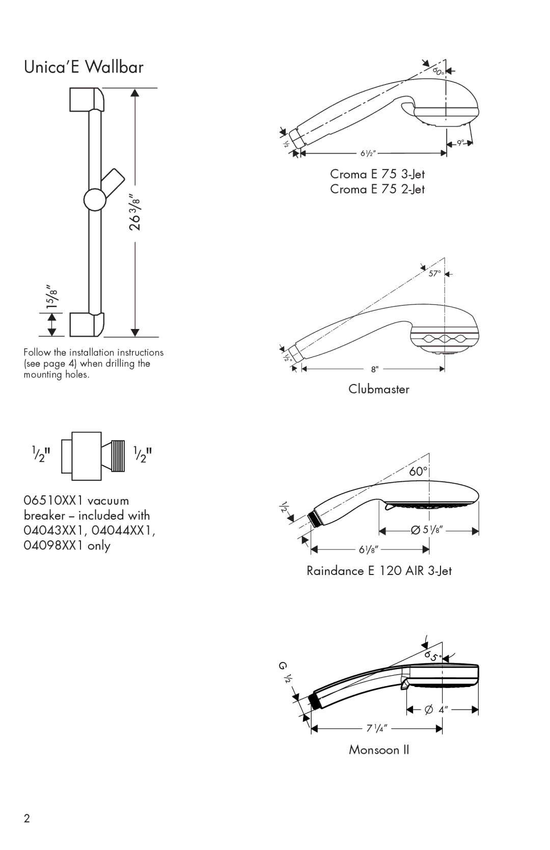 Axor 06496XX0, 06890XX0, 06494XX0, 04043XX0, 04044XX0, 04098XX0 installation instructions Unica’E Wallbar 