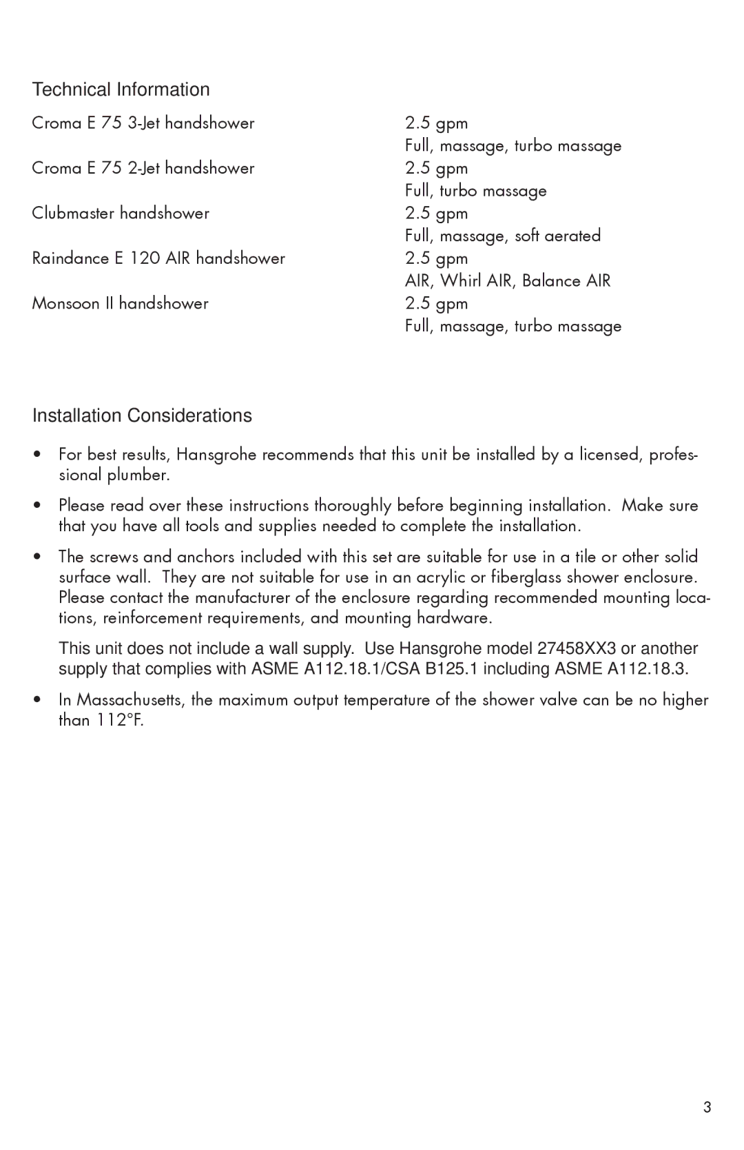 Axor 04043XX0, 06890XX0, 06494XX0, 06496XX0, 04044XX0, 04098XX0 Technical Information, Installation Considerations 