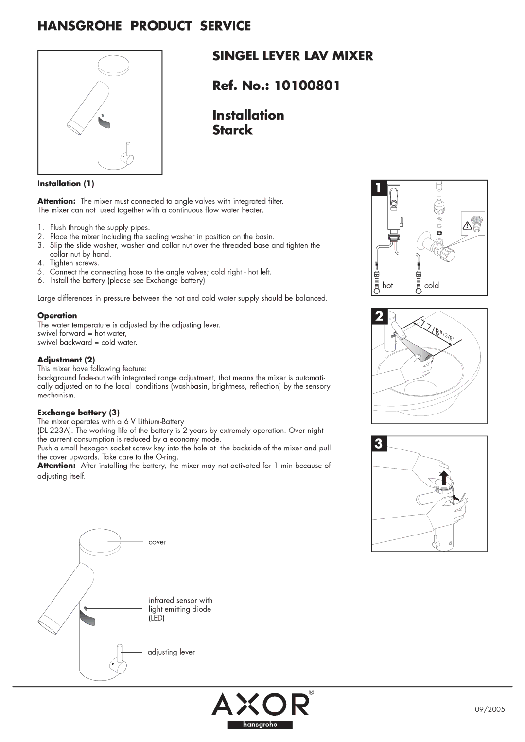 Axor 10100801 manual Hansgrohe Product Service Singel Lever LAV Mixer, Ref. No Installation Starck 