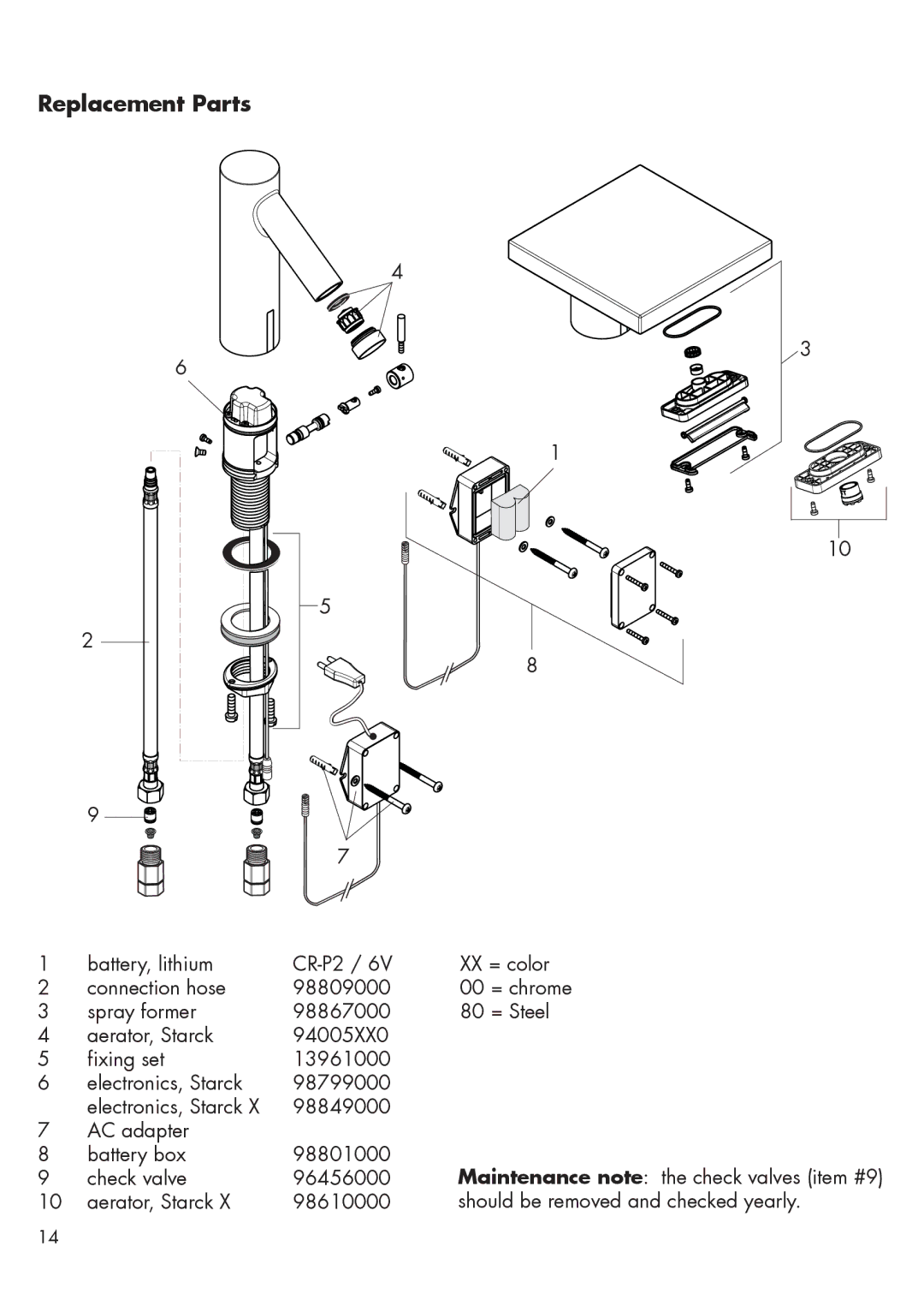 Axor 10170001, 10106XX1, 10175001, 10180001, 10101XX1, 10185001, 10140XX1, 10145XX1 installation instructions Replacement Parts 