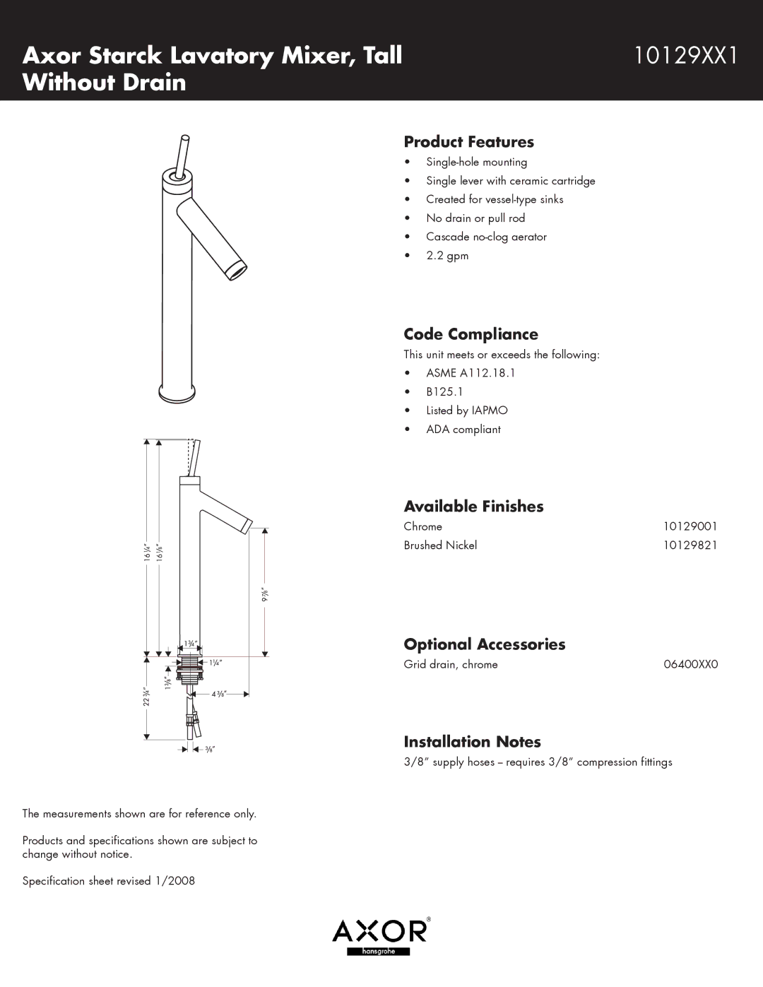 Axor specifications Axor Starck Lavatory Mixer, Tall 10129XX1 Without Drain 