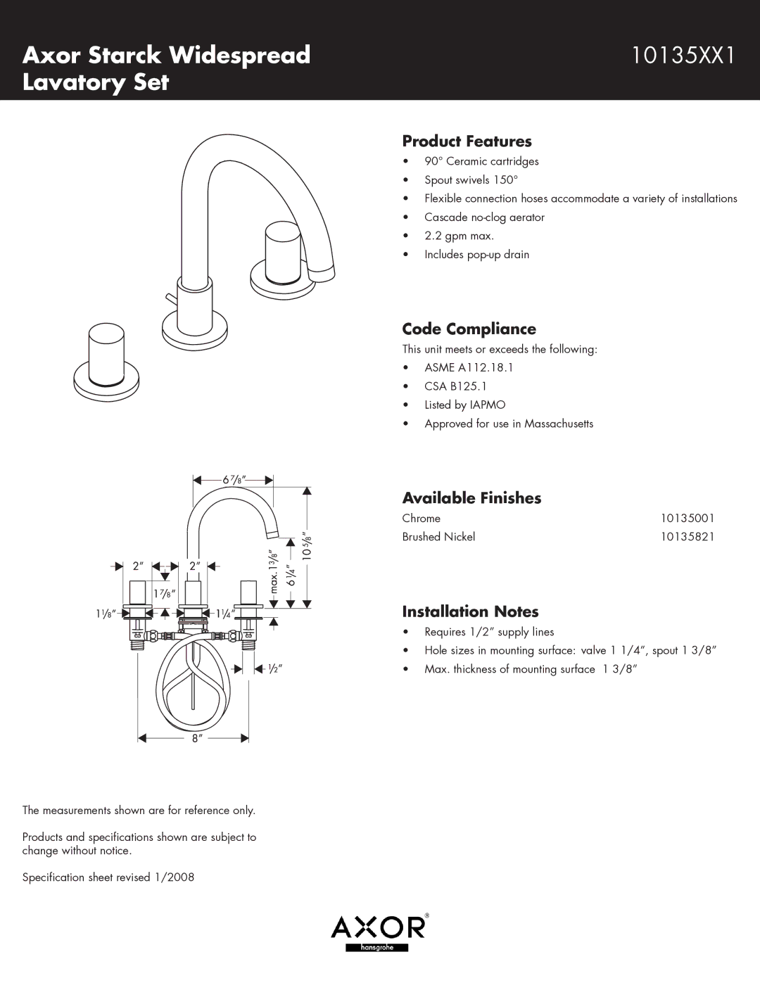 Axor 10135001, 10135821 specifications Axor Starck Widespread, Lavatory Set 