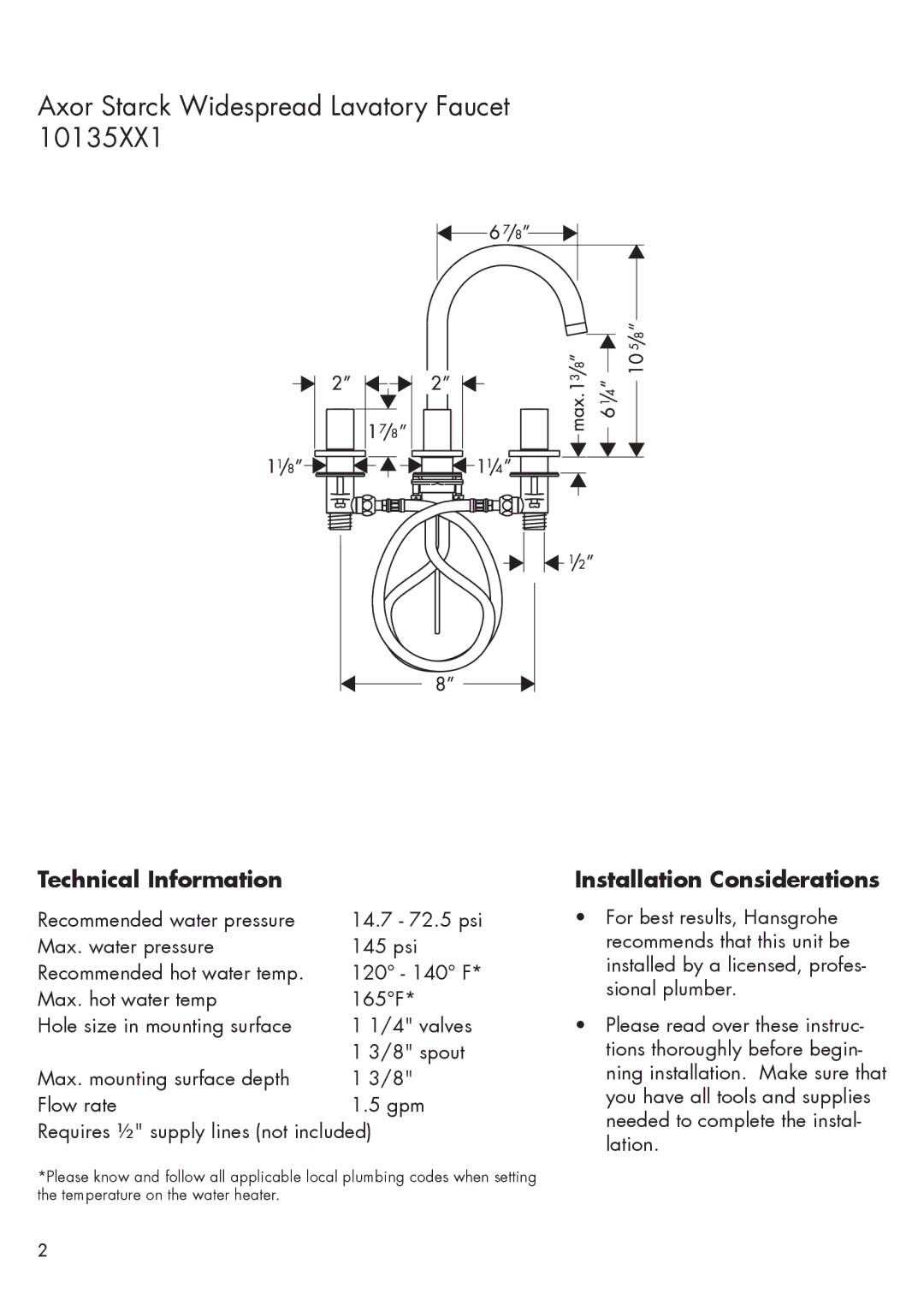 Axor 10135XX1 installation instructions Technical Information, Installation Considerations 