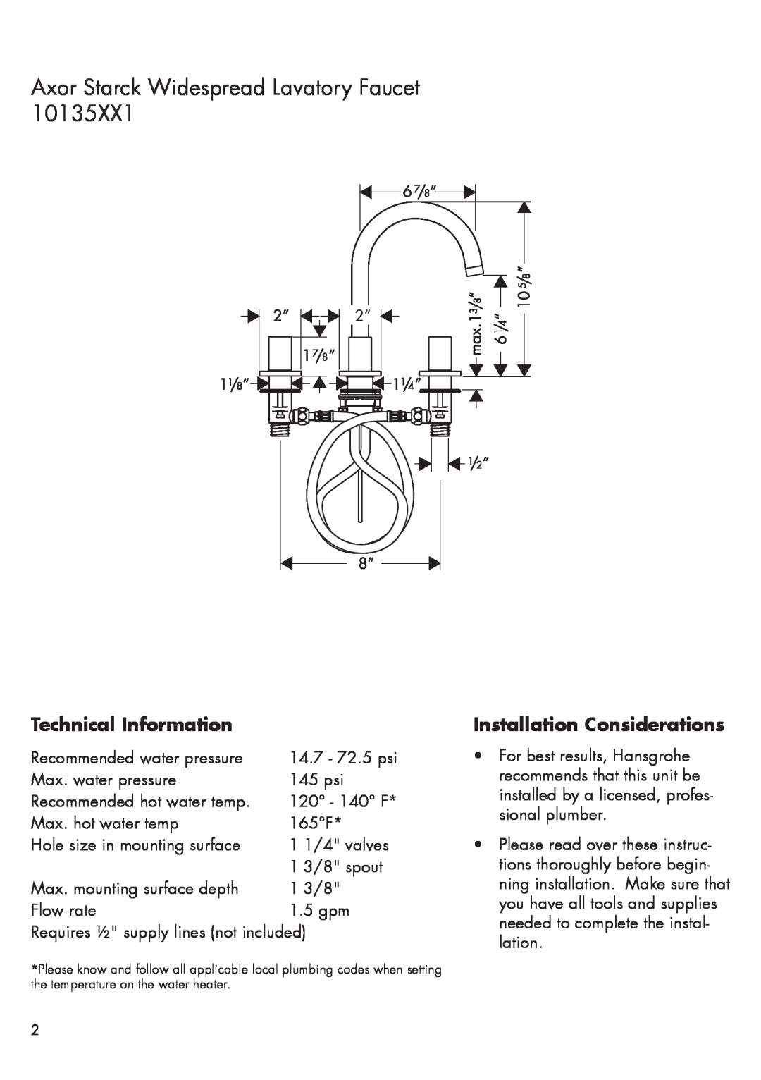Axor 10135XX1 Technical Information, Installation Considerations, Axor Starck Widespread Lavatory Faucet 