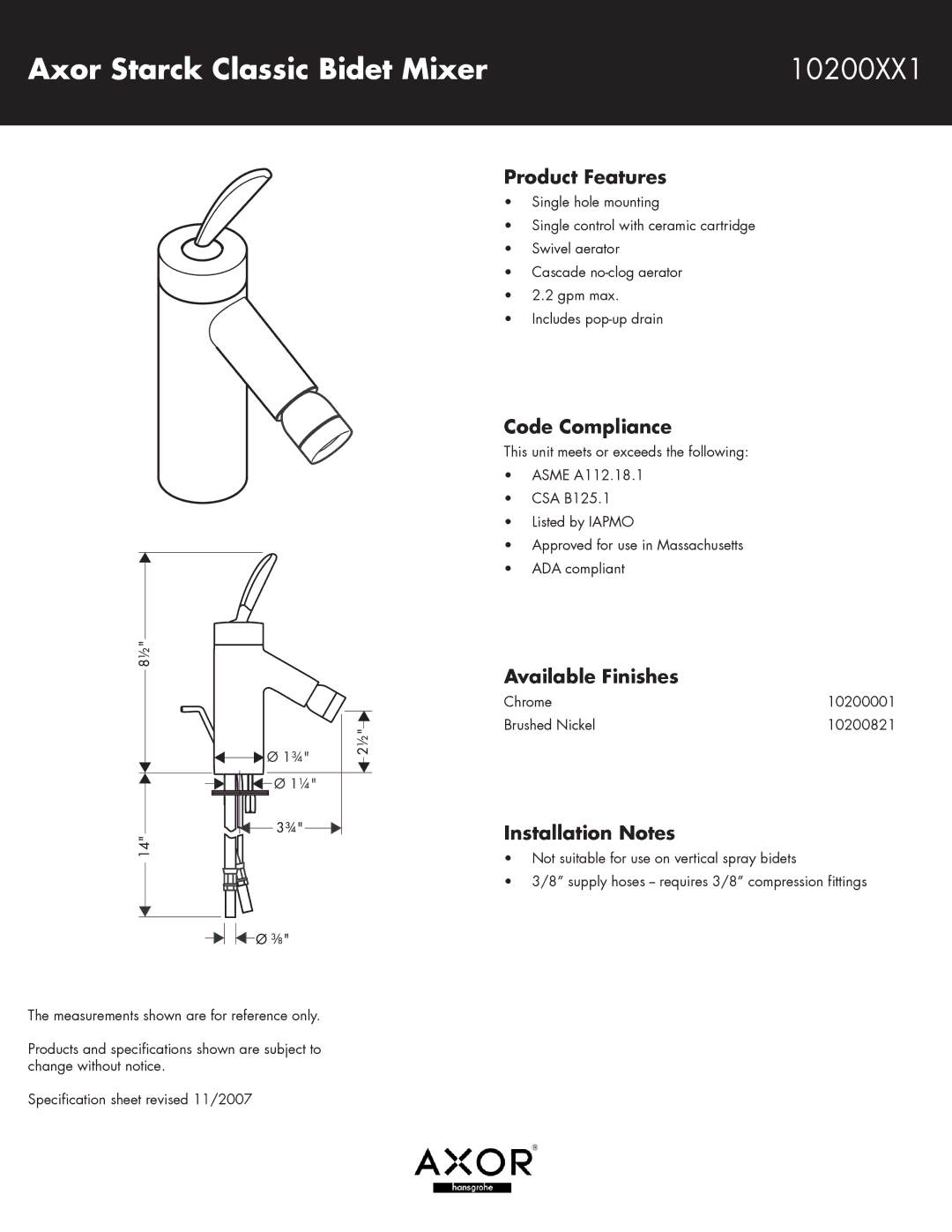 Axor 10200821, 10200001 specifications Axor Starck Classic Bidet Mixer 10200XX1, Product Features, Code Compliance 