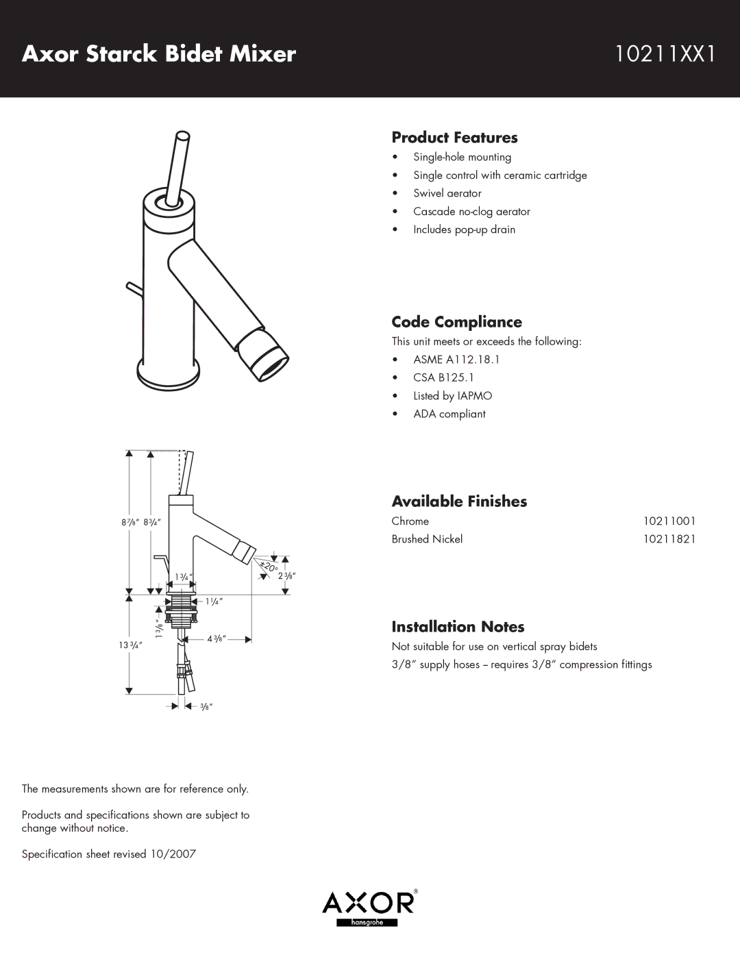 Axor specifications Axor Starck Bidet Mixer 10211XX1, Product Features, Code Compliance, Available Finishes 