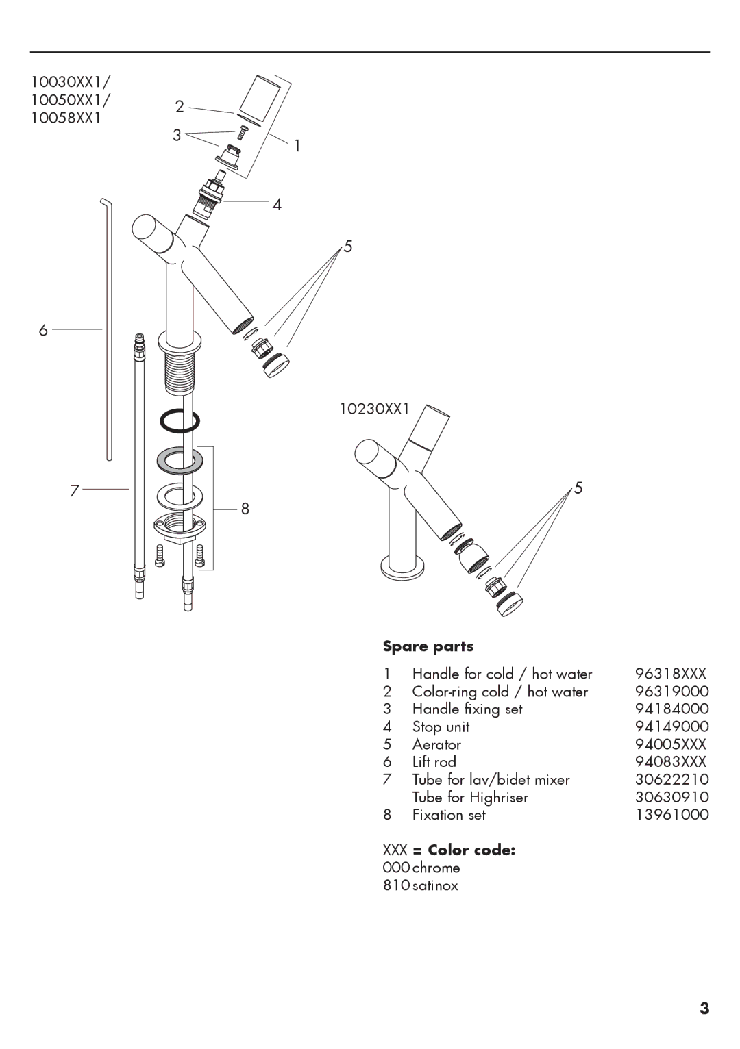 Axor 10050XX1, 10230XX1, 10058XX1, 10030XX1 warranty Spare parts, XXX = Color code 000 chrome 