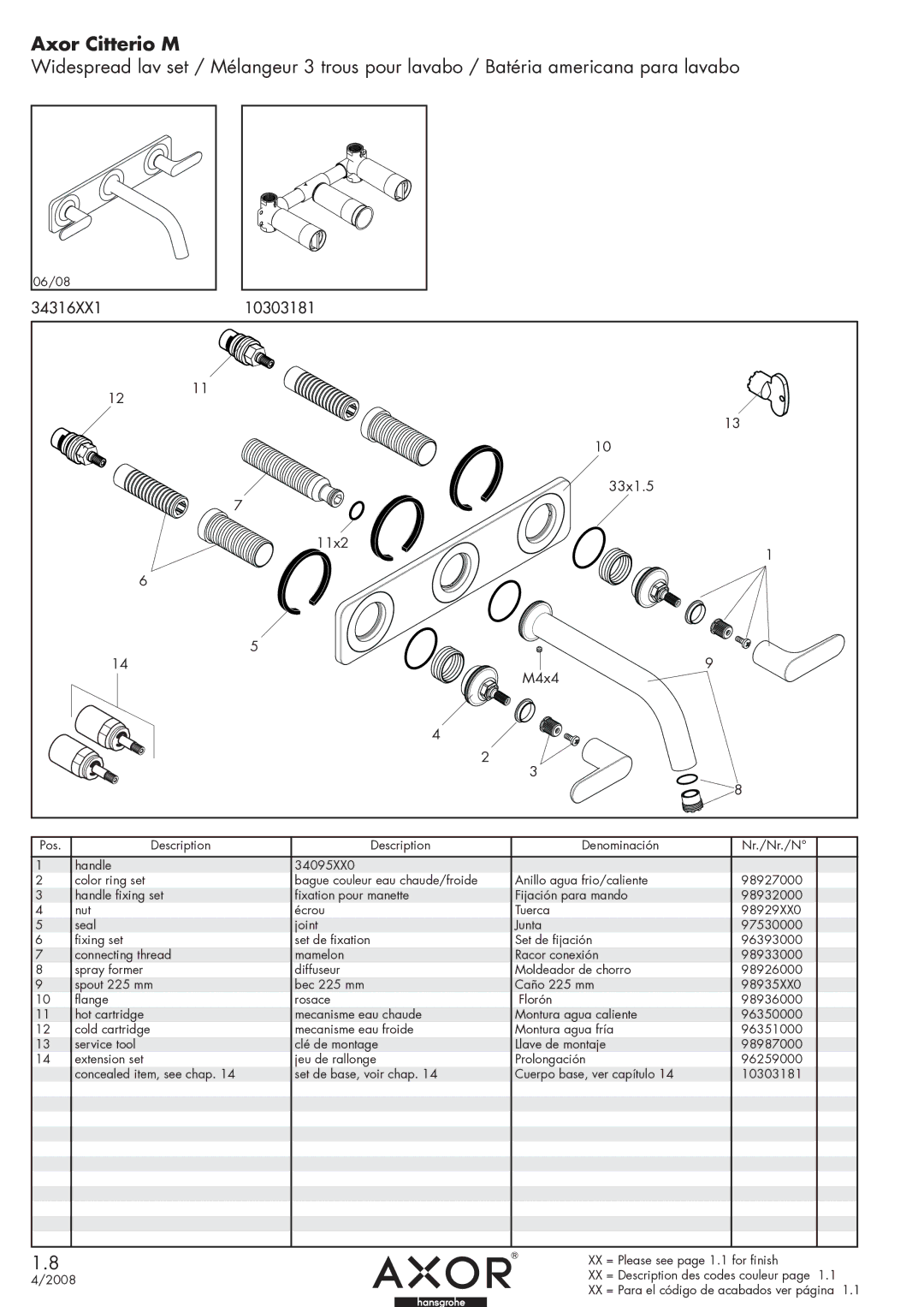 Axor 10303181 manual Axor Citterio M, 34316XX1, 33x1.5, 11x2 M4x4 