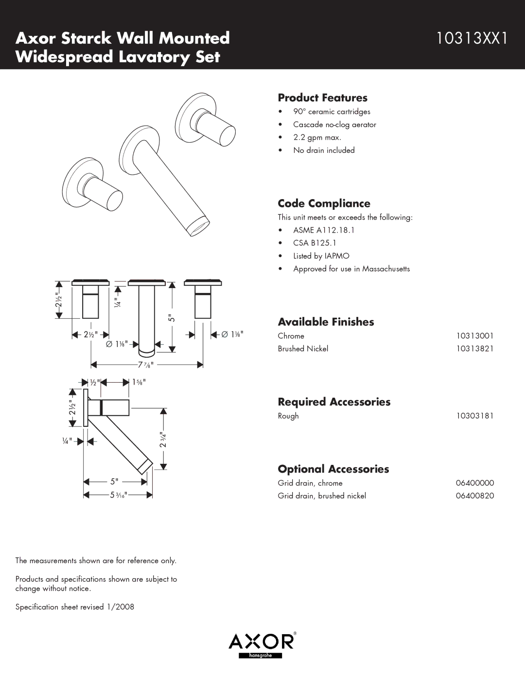 Axor 10313821, 10313001 specifications Axor Starck Wall Mounted 10313XX1 Widespread Lavatory Set 