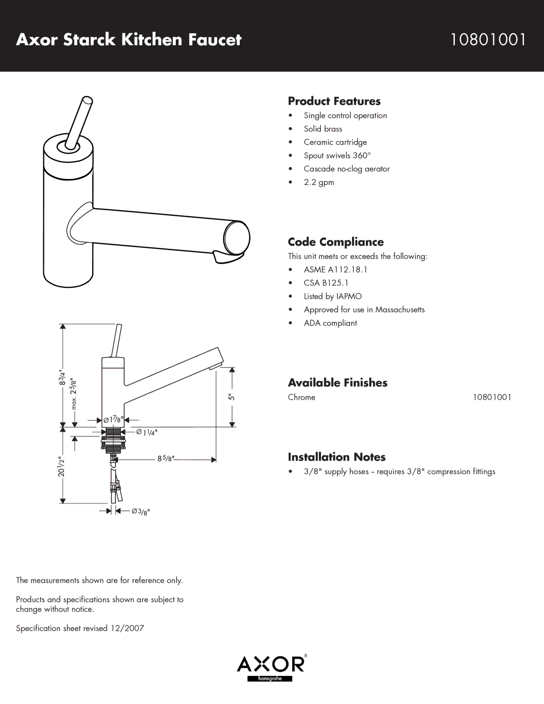 Axor specifications Axor Starck Kitchen Faucet 10801001, Product Features, Code Compliance, Available Finishes 