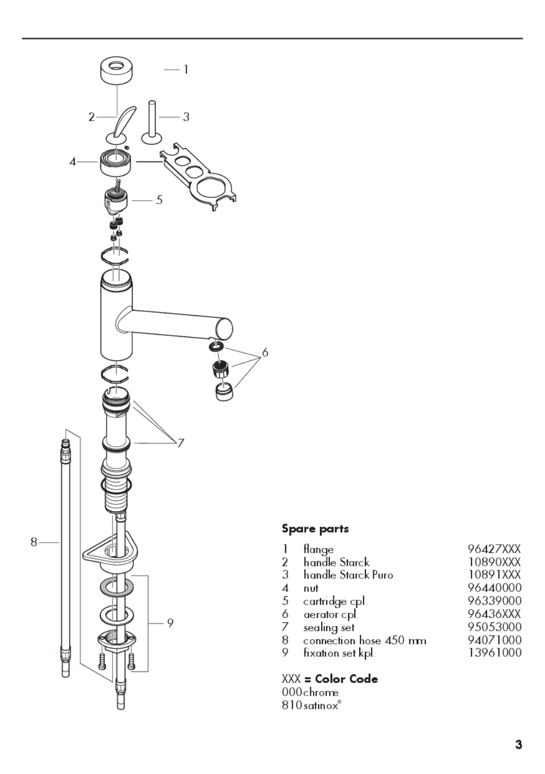 Axor 10800XX1, 10801XX1 installation instructions Spare parts, XXX = Color Code 