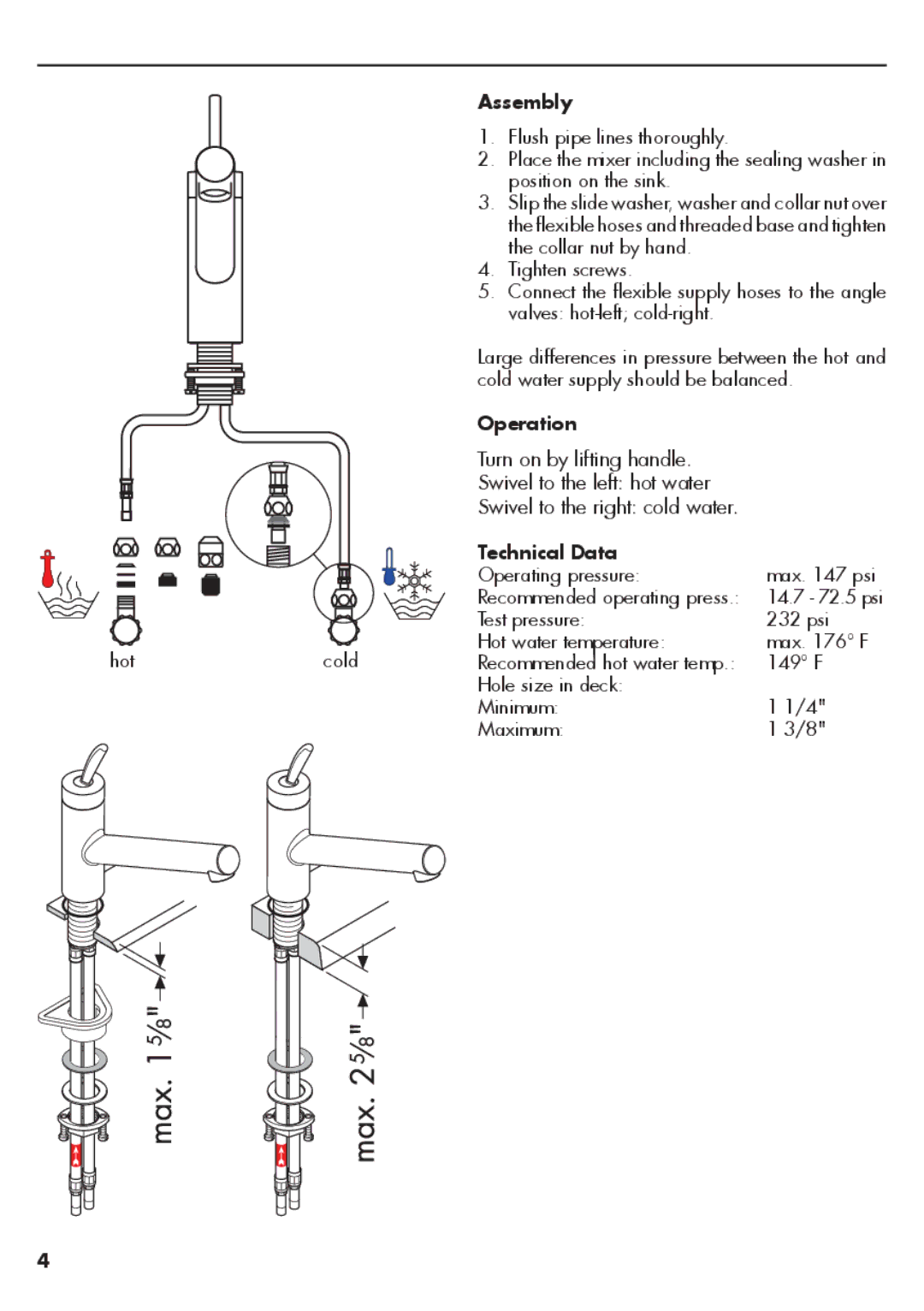 Axor 10801XX1, 10800XX1 installation instructions Assembly, Operation, Technical Data 