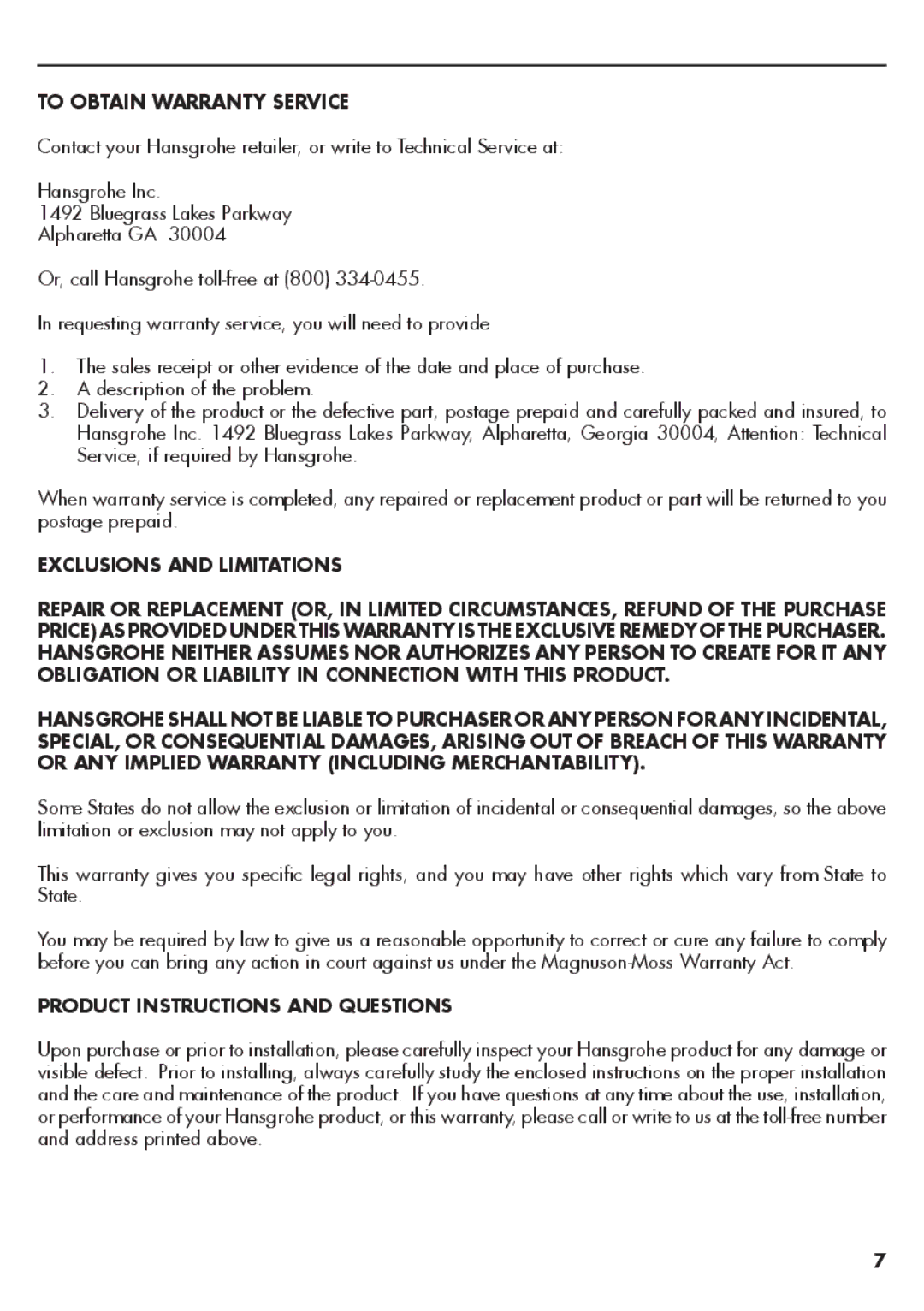 Axor 10800XX1, 10801XX1 installation instructions To Obtain Warranty Service, Product Instructions and Questions 