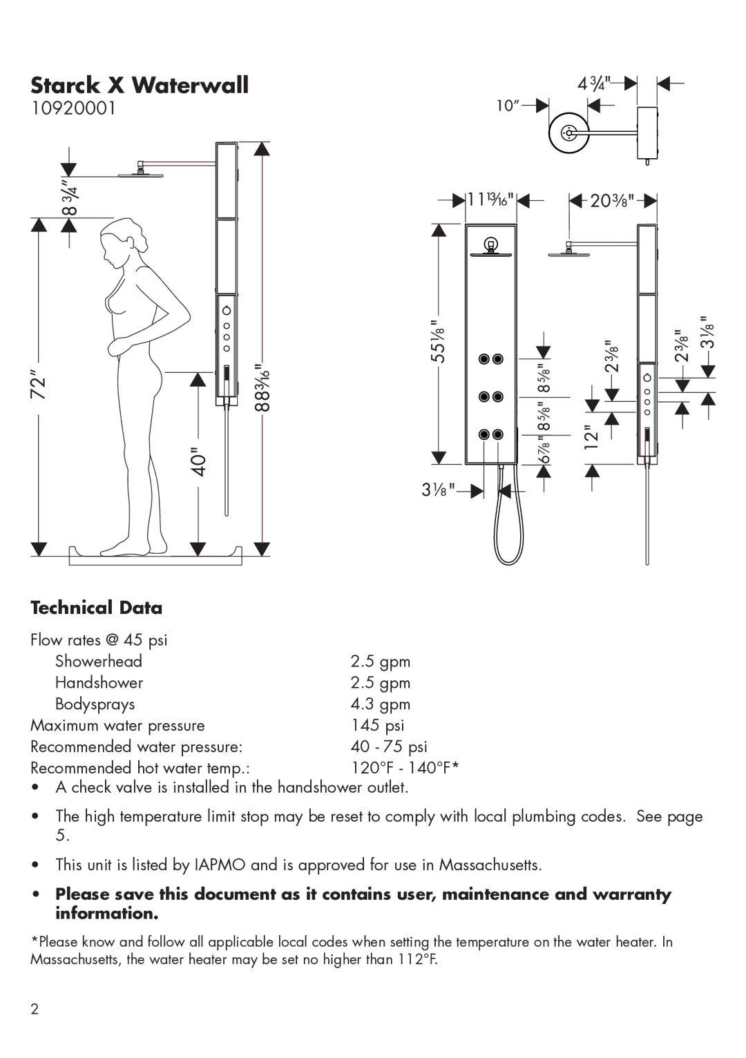 Axor 10920001 installation instructions Starck X Waterwall, Technical Data 