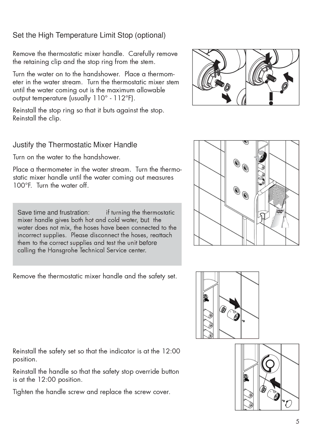 Axor 10920001 installation instructions Set the High Temperature Limit Stop optional, Justify the Thermostatic Mixer Handle 