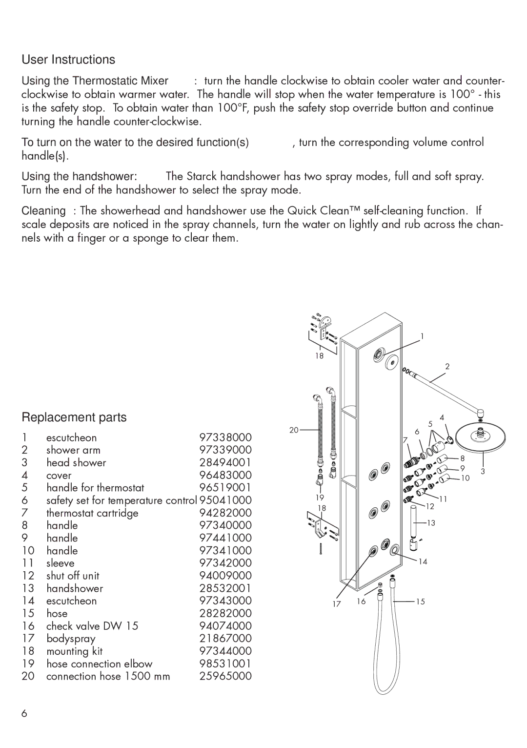 Axor 10920001 installation instructions User Instructions, Replacement parts 