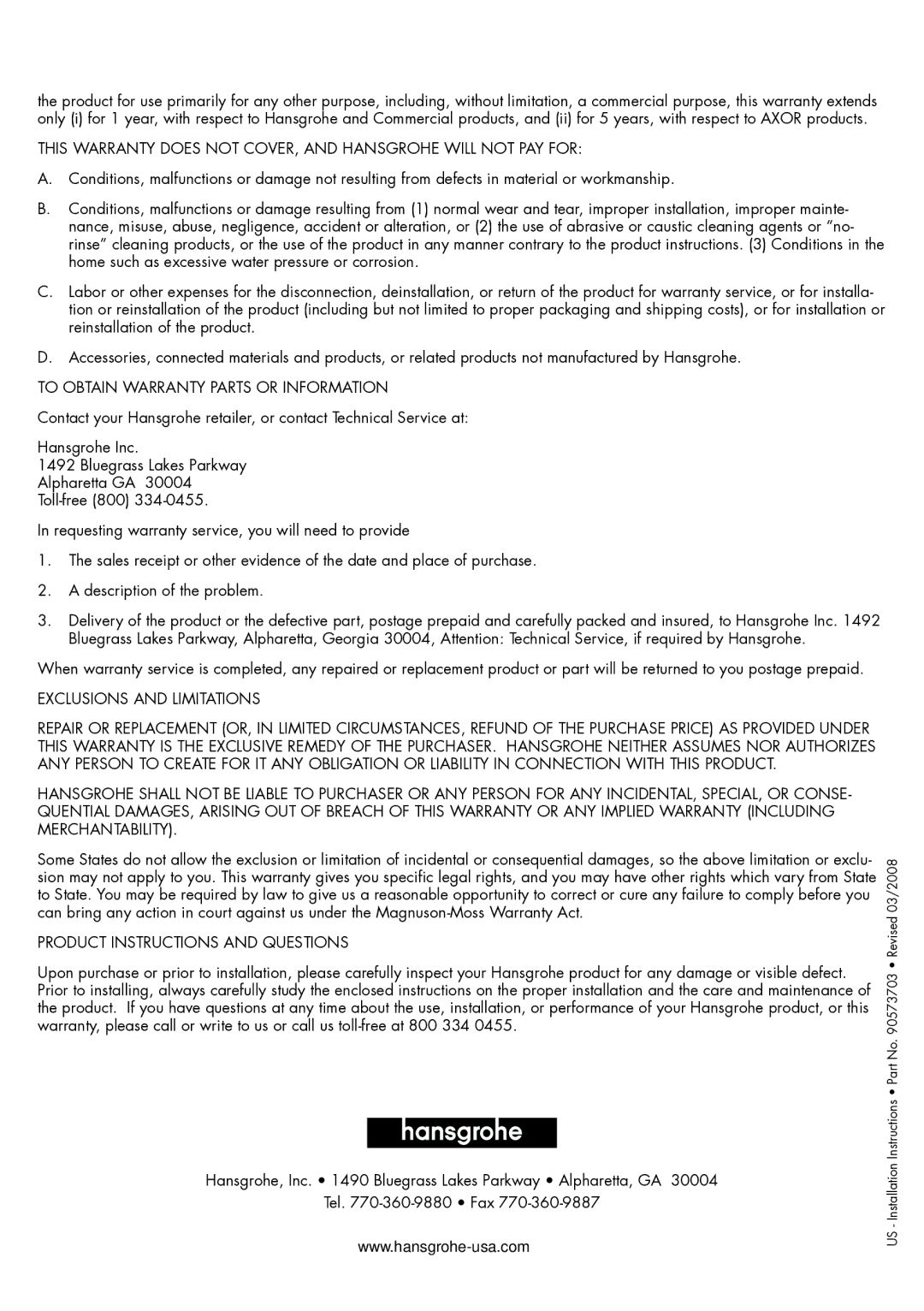 Axor 10920001 To Obtain Warranty Parts or Information, Exclusions and Limitations, Product Instructions and Questions 