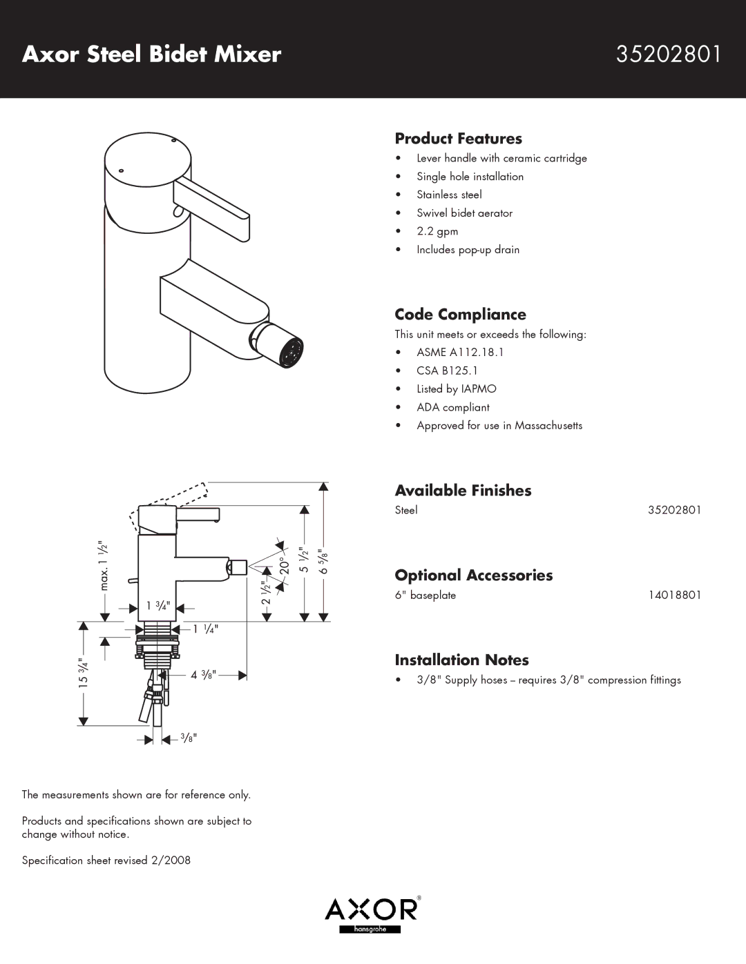 Axor 14018801 specifications Axor Steel Bidet Mixer 35202801 