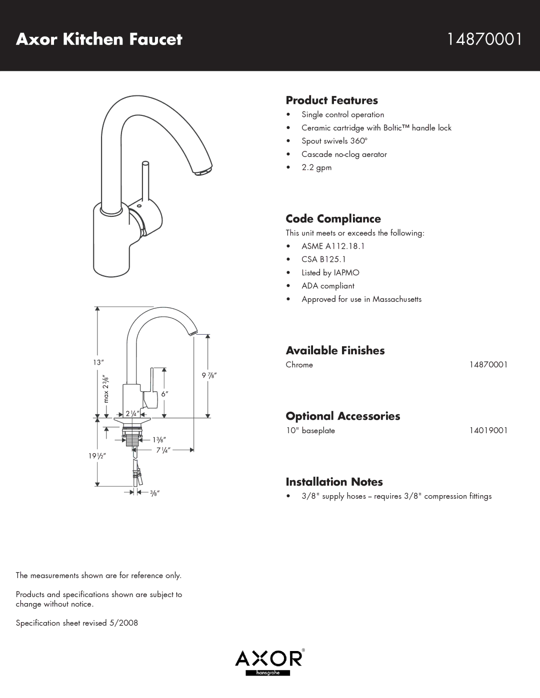 Axor 14019001 specifications Axor Kitchen Faucet 14870001 