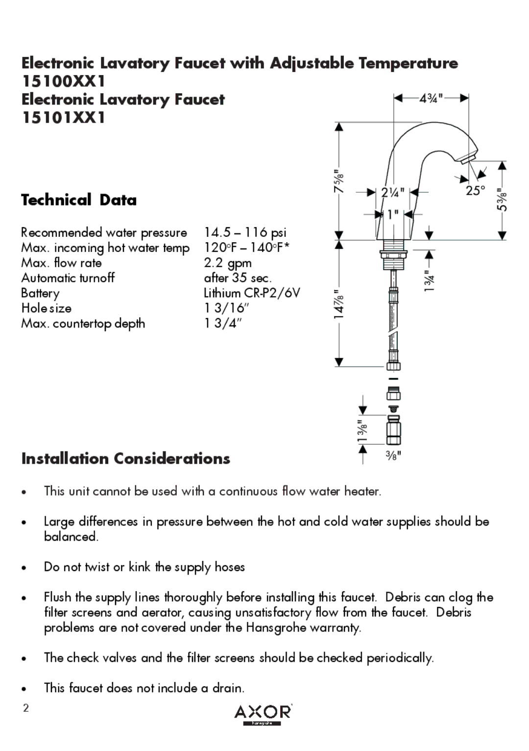 Axor 15100XX1, 15101XX1 Electronic Lavatory Faucet with Adjustable Temperature, Installation Considerations 