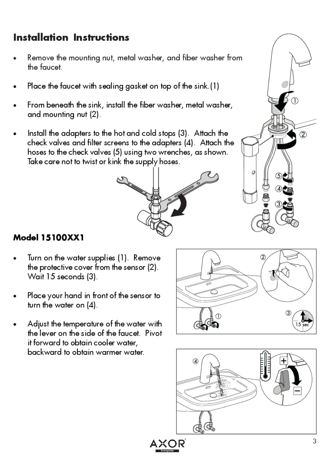 Axor 15101XX1, 15100XX1 installation instructions Installation Instructions, Model 