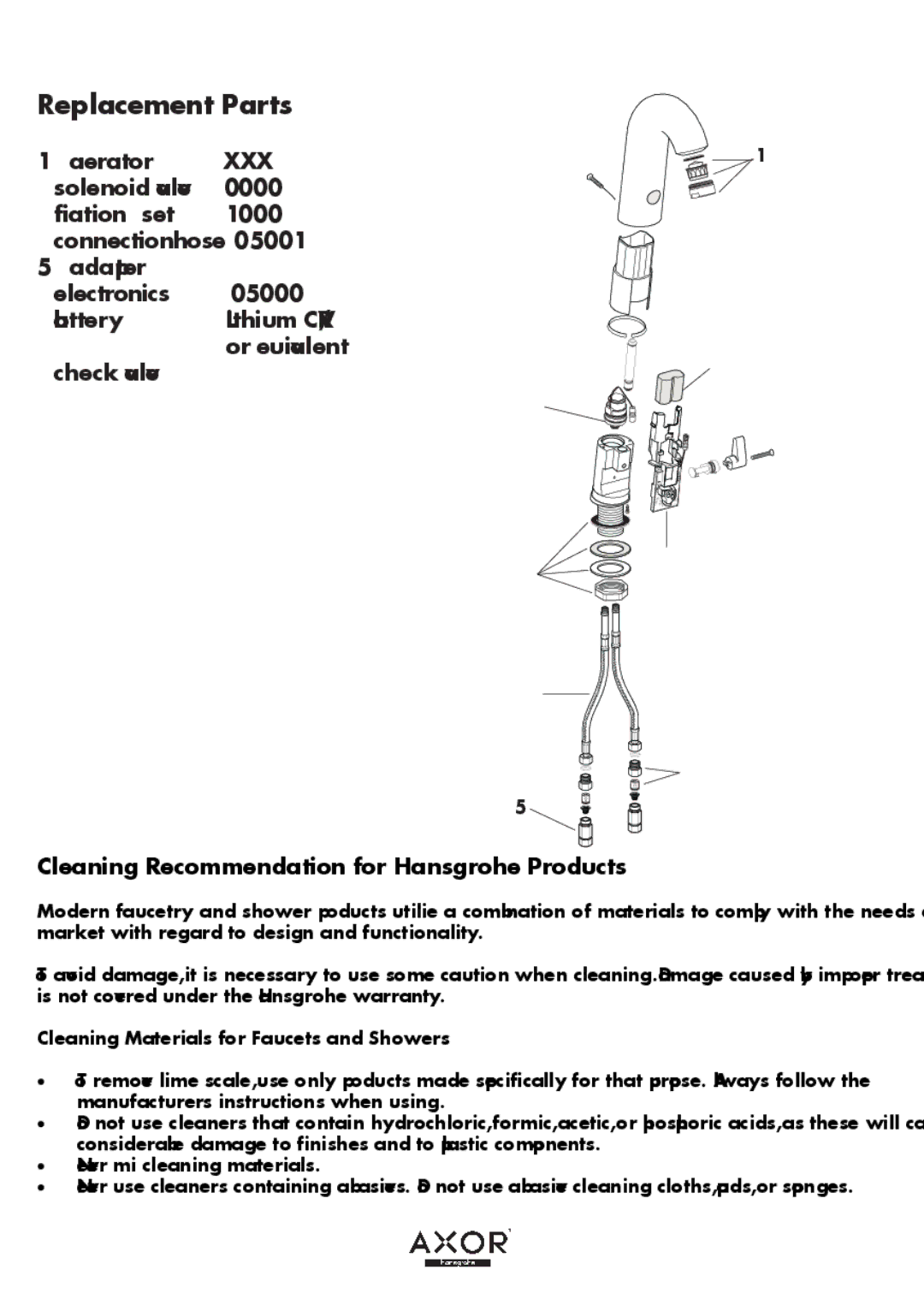 Axor 15100XX1, 15101XX1 installation instructions Replacement Parts, Cleaning Recommendation for Hansgrohe Products 