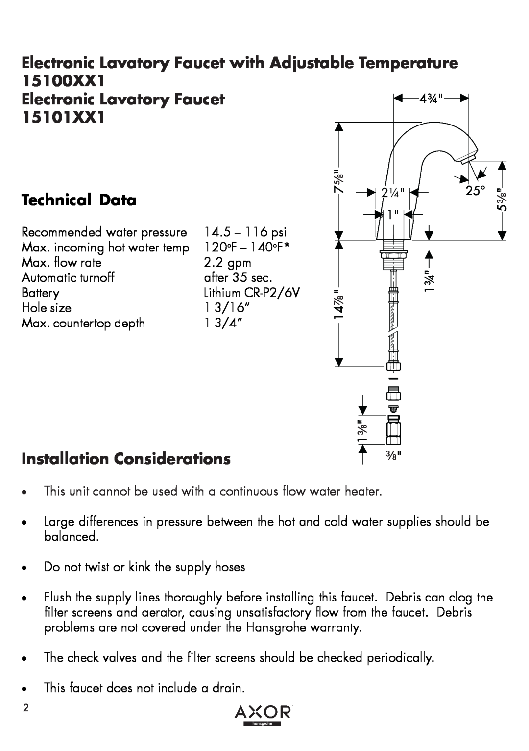 Axor 15100XX1, 15101XX1 installation instructions Electronic Lavatory Faucet, Installation Considerations, Technical Data 