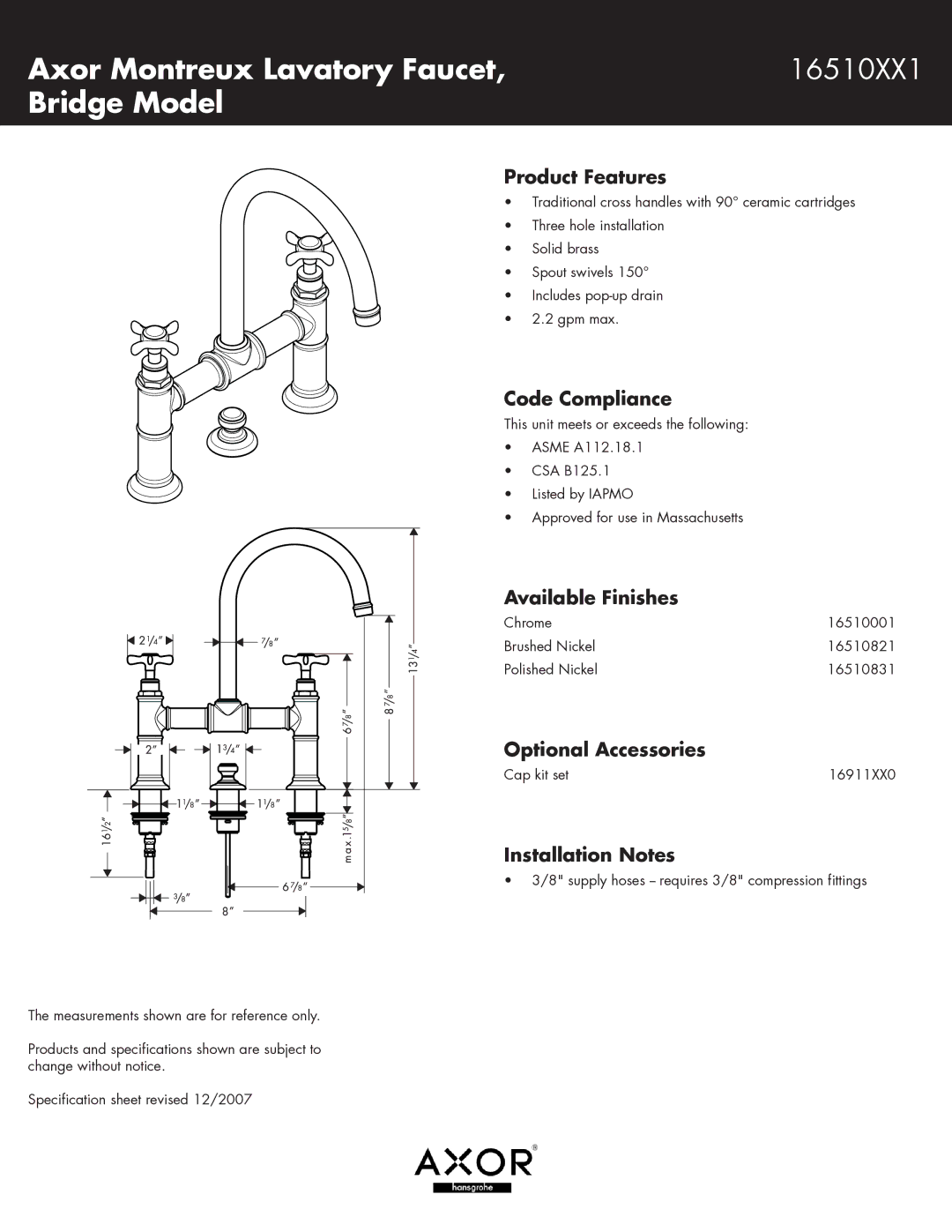 Axor 16510001, 16510831, 16510821 specifications Axor Montreux Lavatory Faucet 16510XX1 Bridge Model 